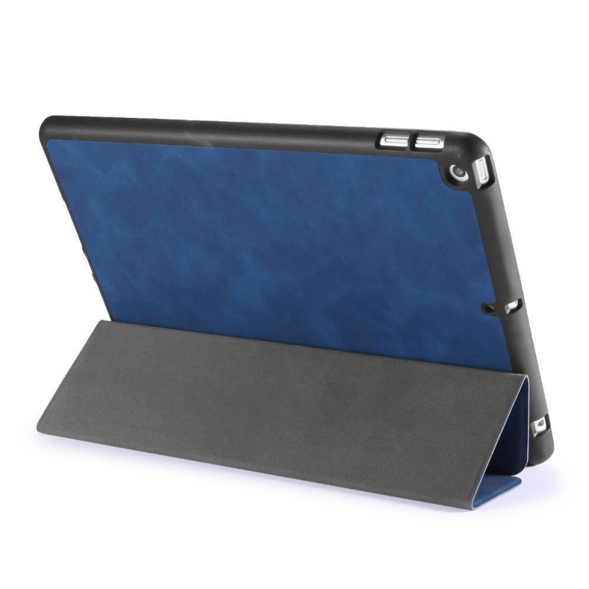 Schwarzes Tablet in schwarzem Gehäuse mit blauem Innenraum, auf Ständer.