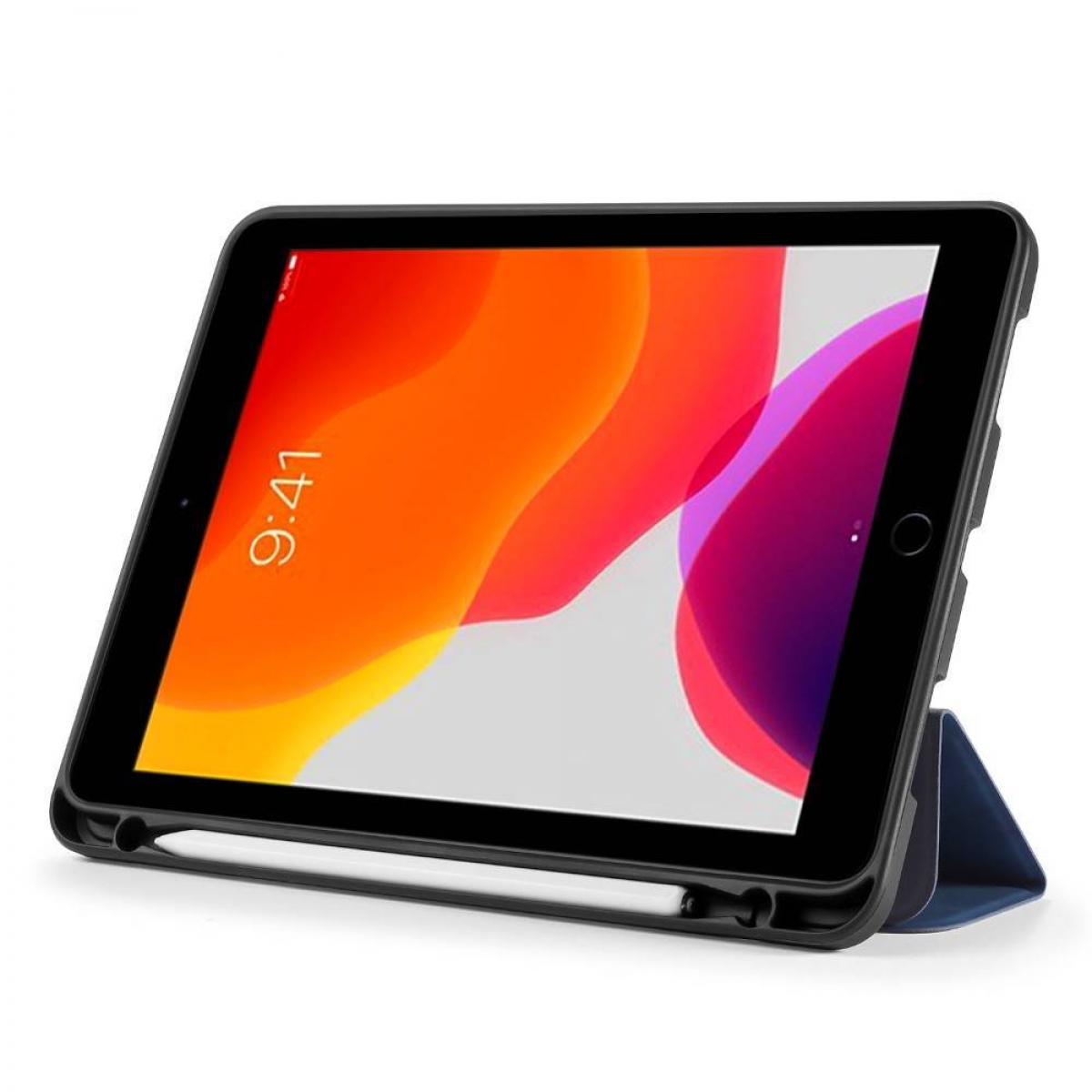 iPad in einer schwarzen Hülle mit Ständer. Der Bildschirm zeigt farbenfrohe Grafiken.