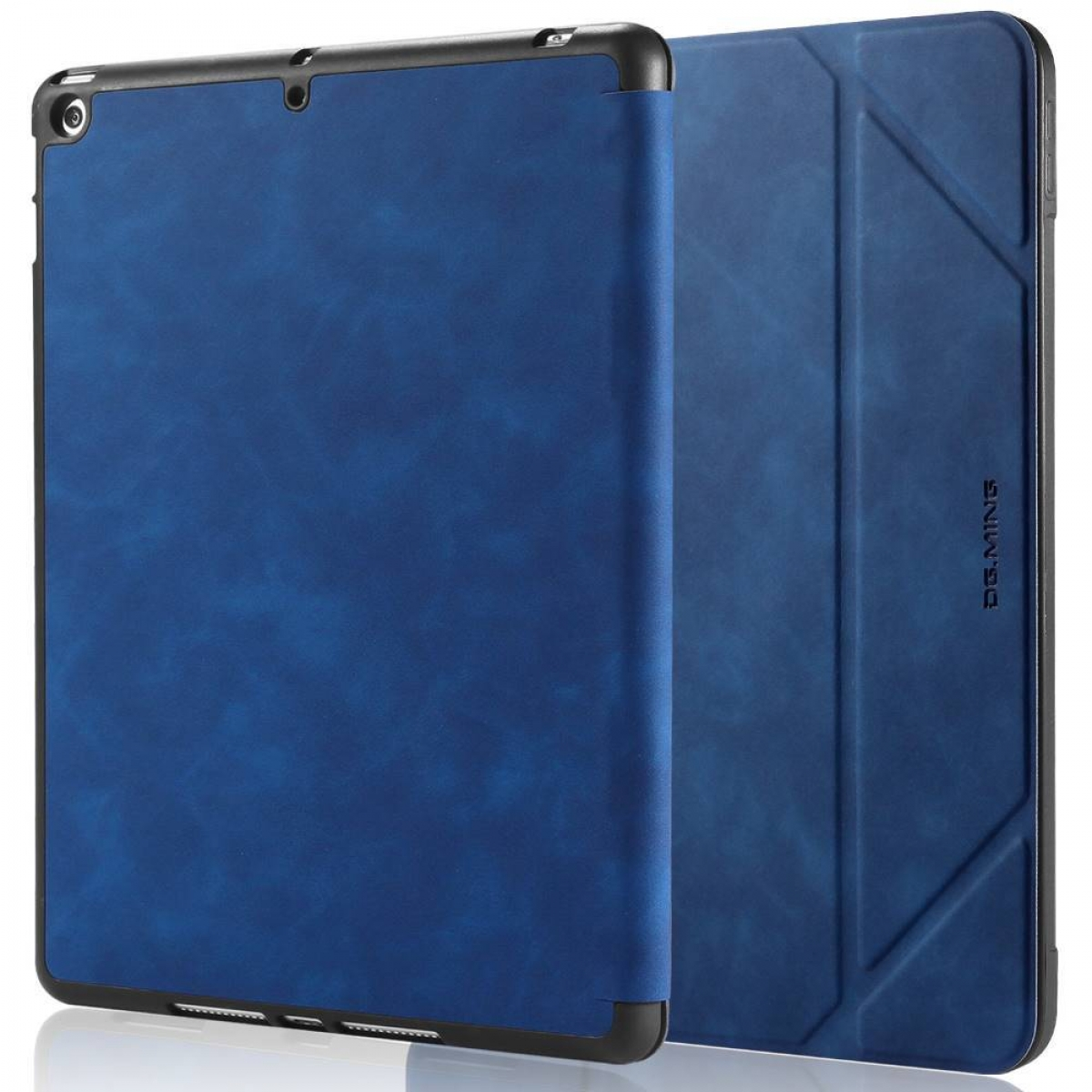 Blaue Tablet-Hülle mit schwarzem Rand, vor weißem Hintergrund.