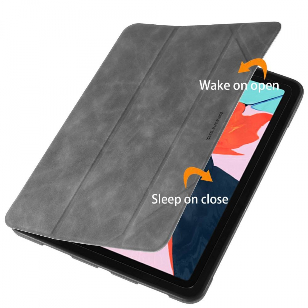 Graue Tablet-Hülle geöffnet. Text: Wake on open, Sleep on close. Schwarzes Tablet.