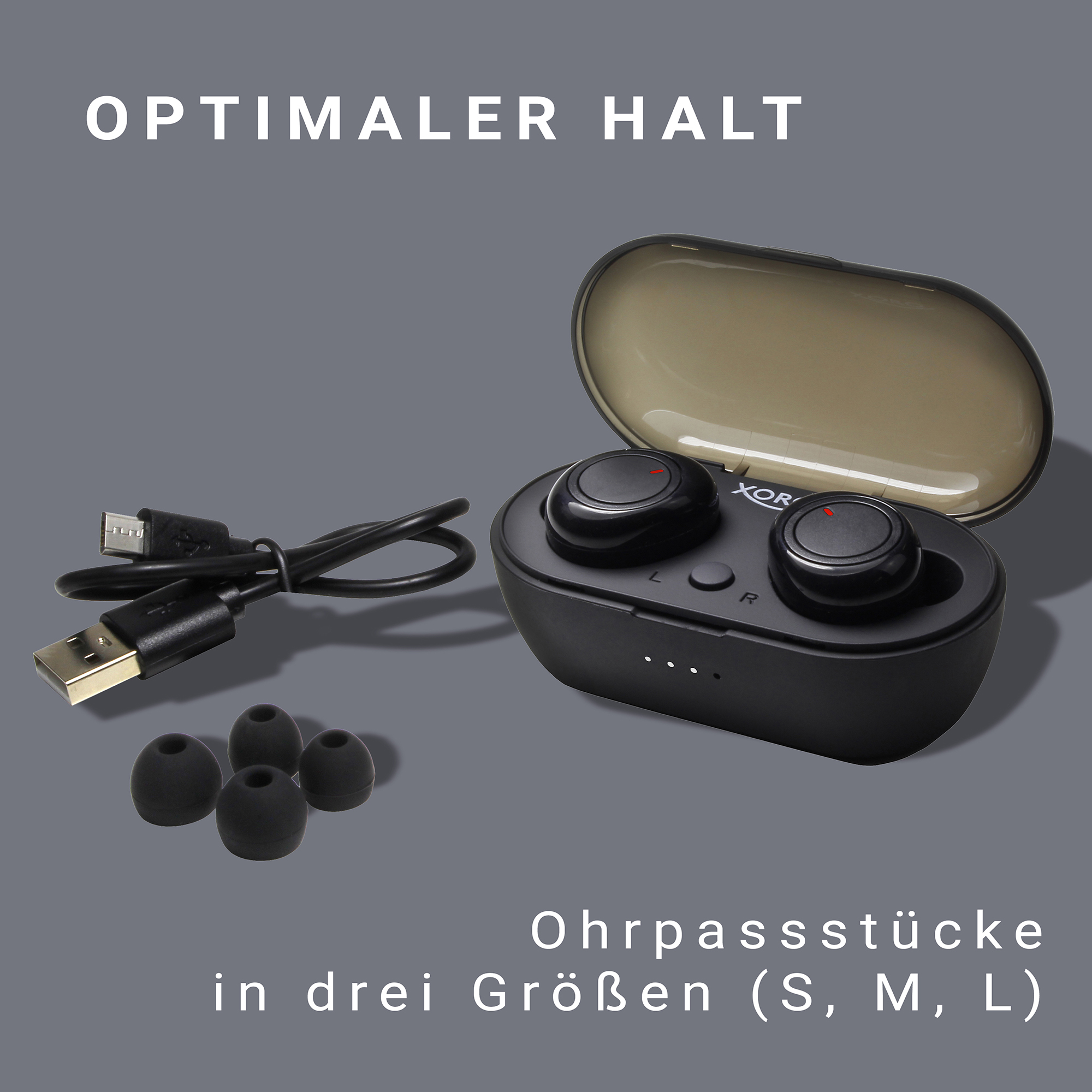 Schwarze kabellose Ohrhörer mit Ladecase, zusätzlichen Ohrstöpseln und Ladekabel.