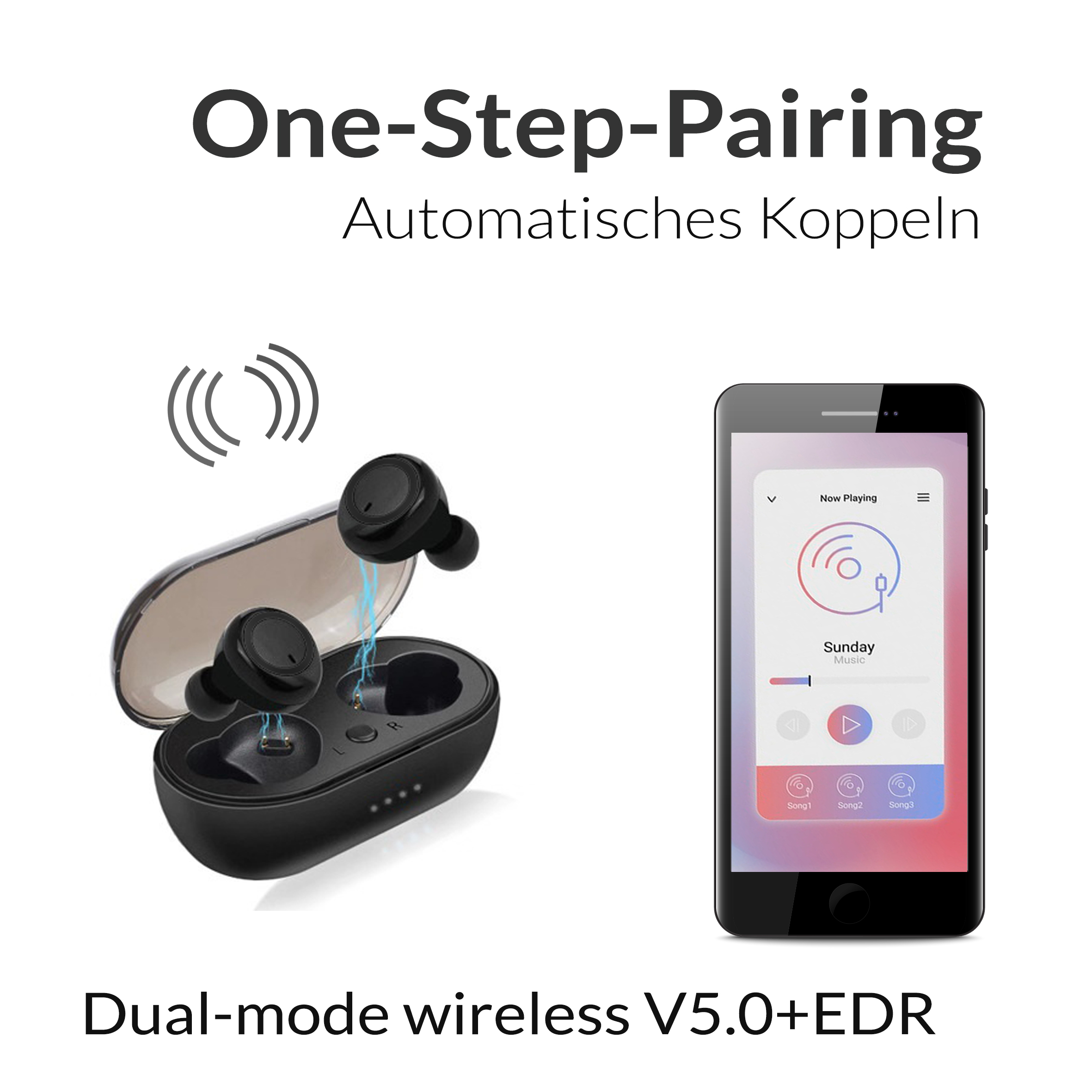Schwarze Ohrhörer in einem Ladekoffer, ein Telefon zeigt Musik.