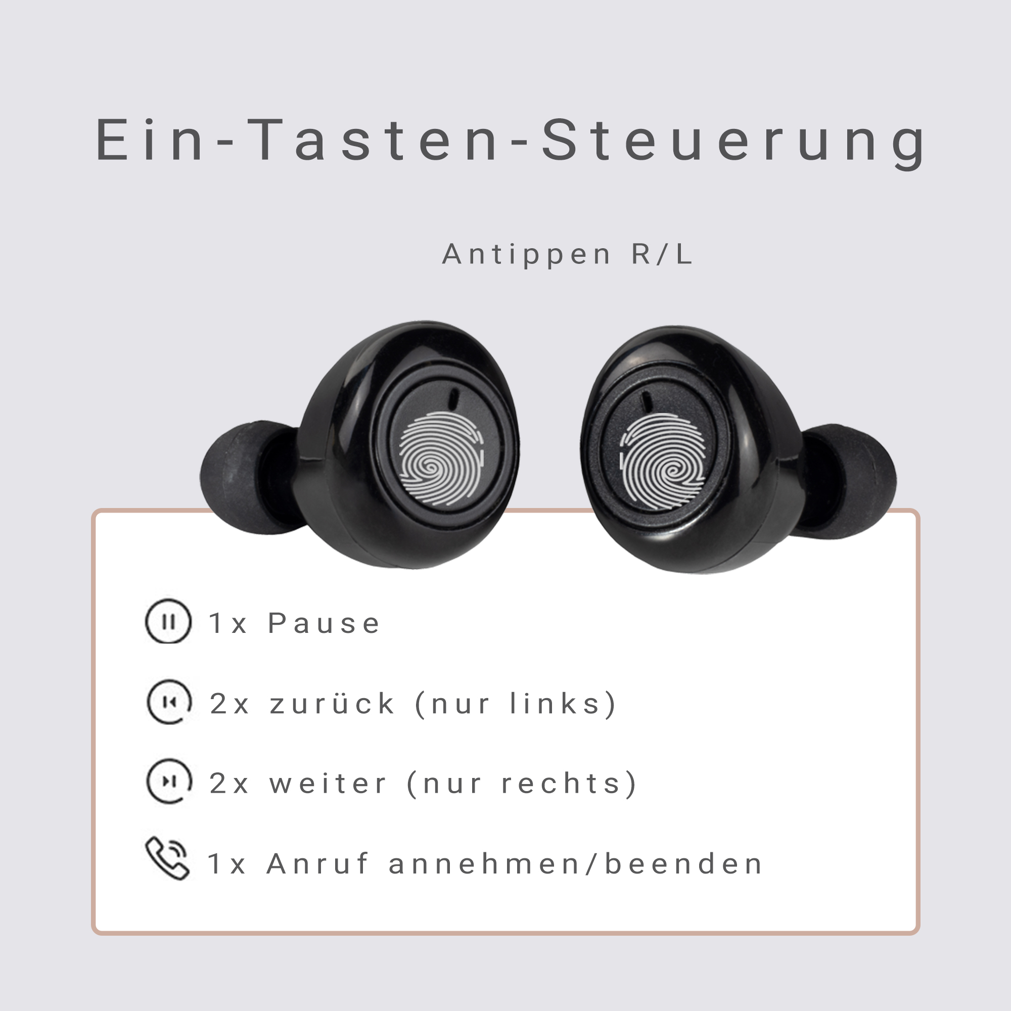 Schwarze Ohrhörer mit Fingerabdruck-Design auf weißer Oberfläche mit Text.