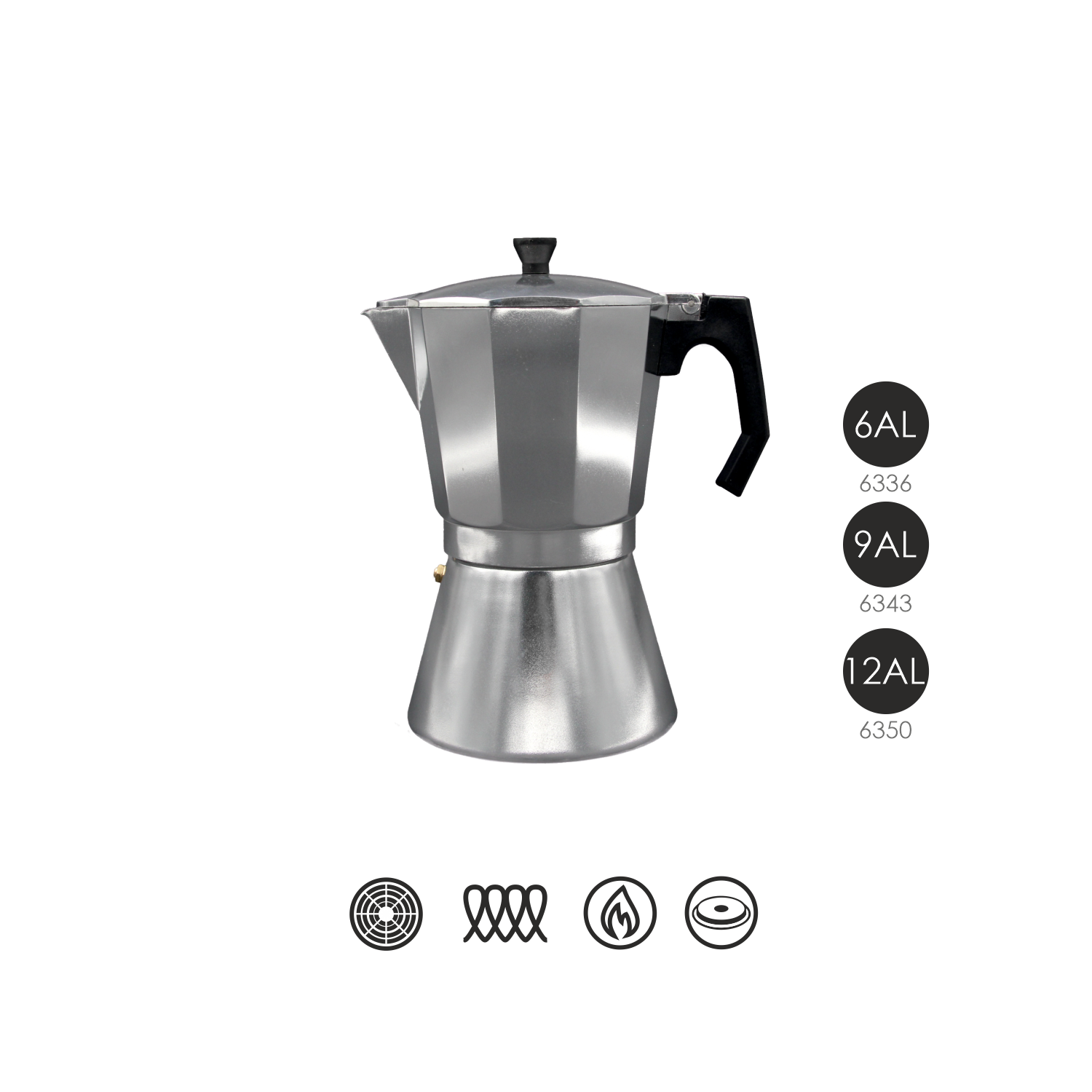 Silberne Espressokanne mit schwarzem Griff und Deckel auf schwarzem Grund.