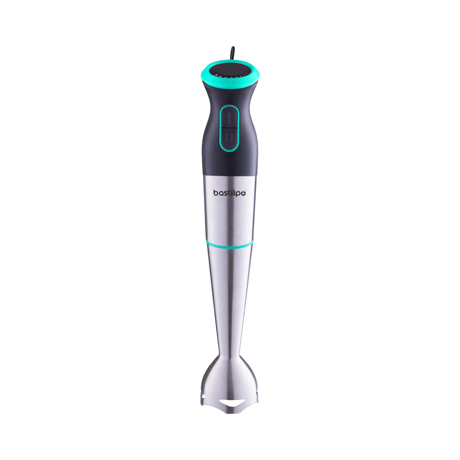 Blender ręczny z czarnym i srebrnym korpusem i turkusowym akcentem.