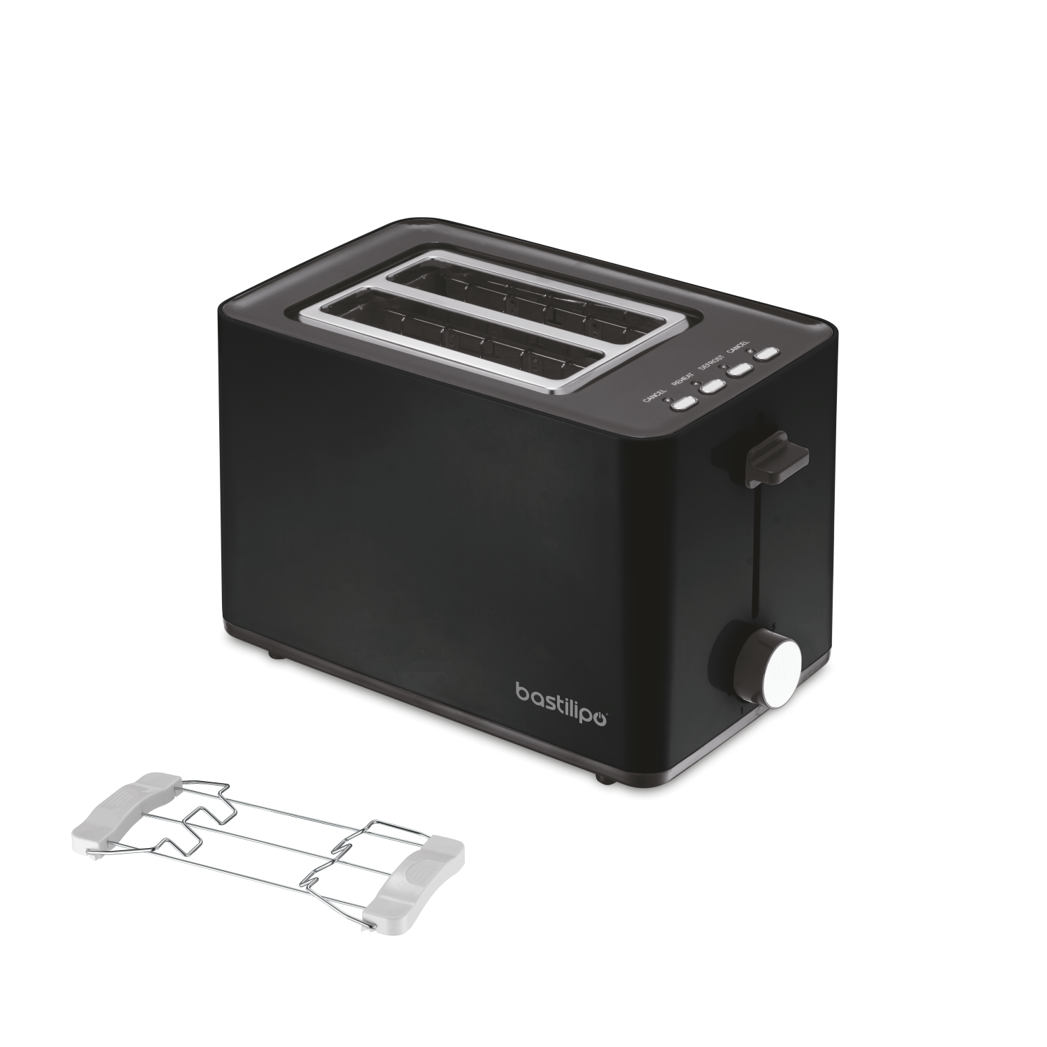Ein schwarzer Toaster mit zwei Schlitzen und einem Drahtgestell. Text auf dem Toaster: 'bastilipo'.
