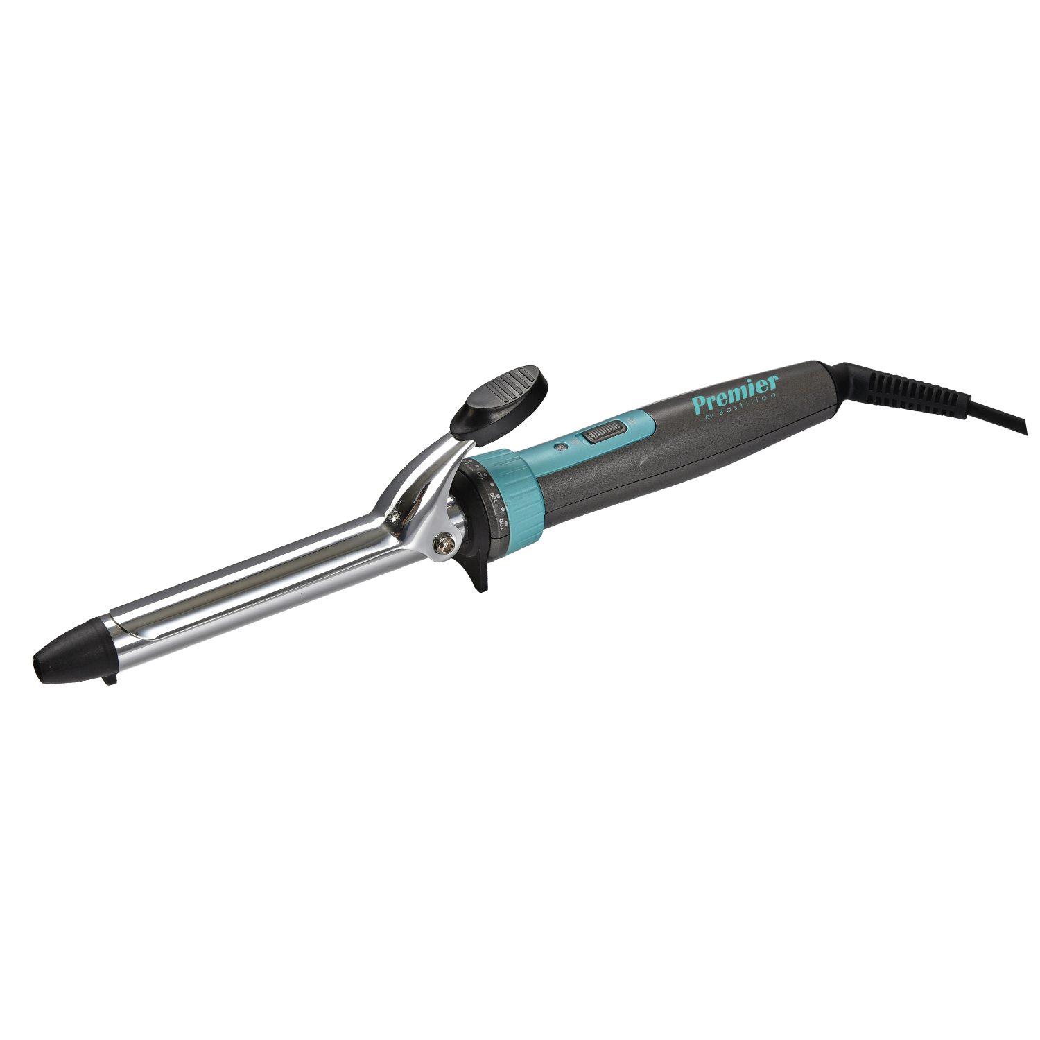 Rizador Premier sobre fondo negro. La plancha es plateada y turquesa con mango y cable negros.