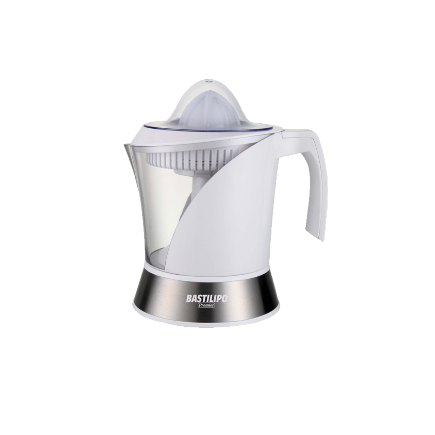 Spremiagrumi elettrico bianco e argento con manico e caraffa trasparente.