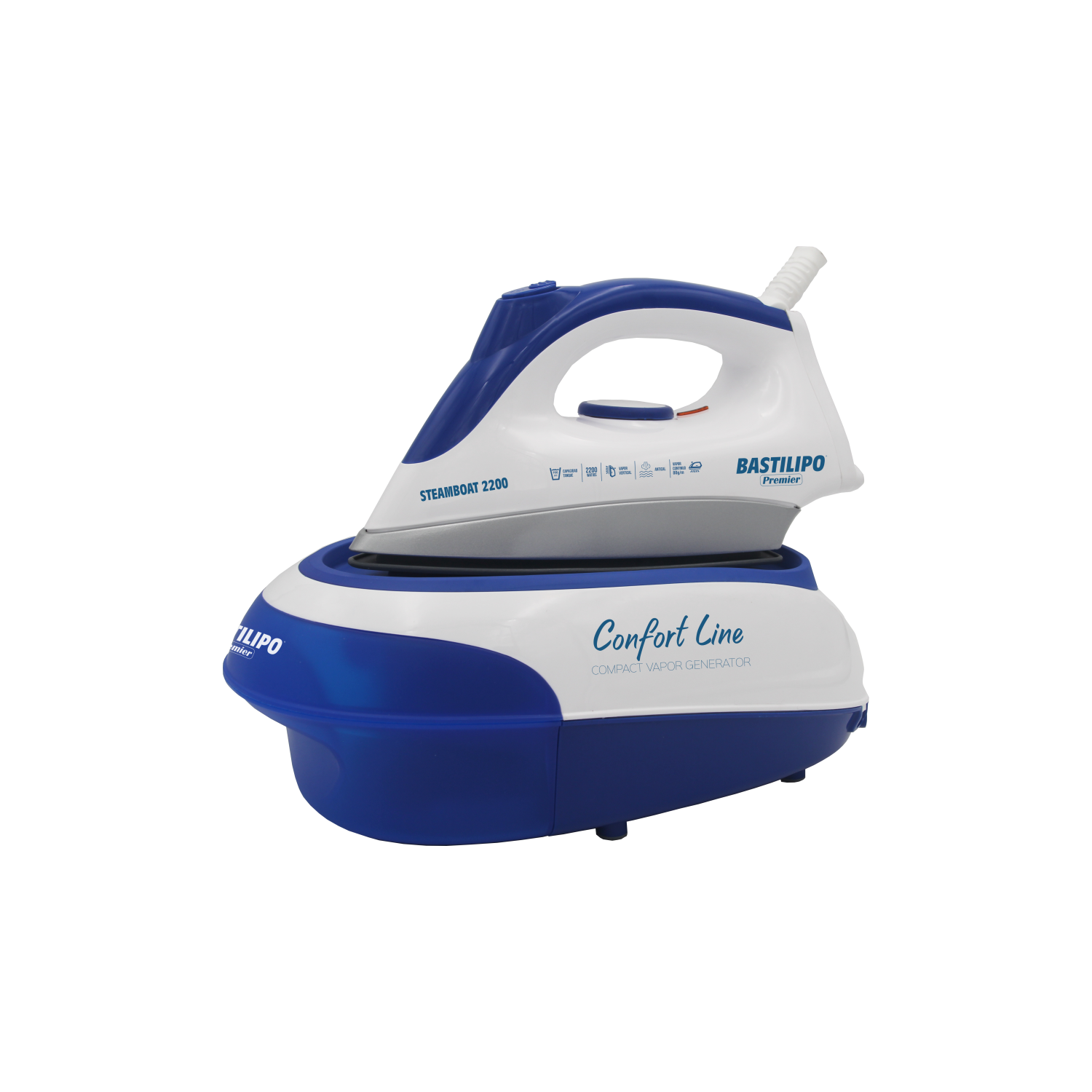 Plancha de vapor azul y blanco. La plancha se encuentra sobre una base azul y blanca. Fondo blanco.