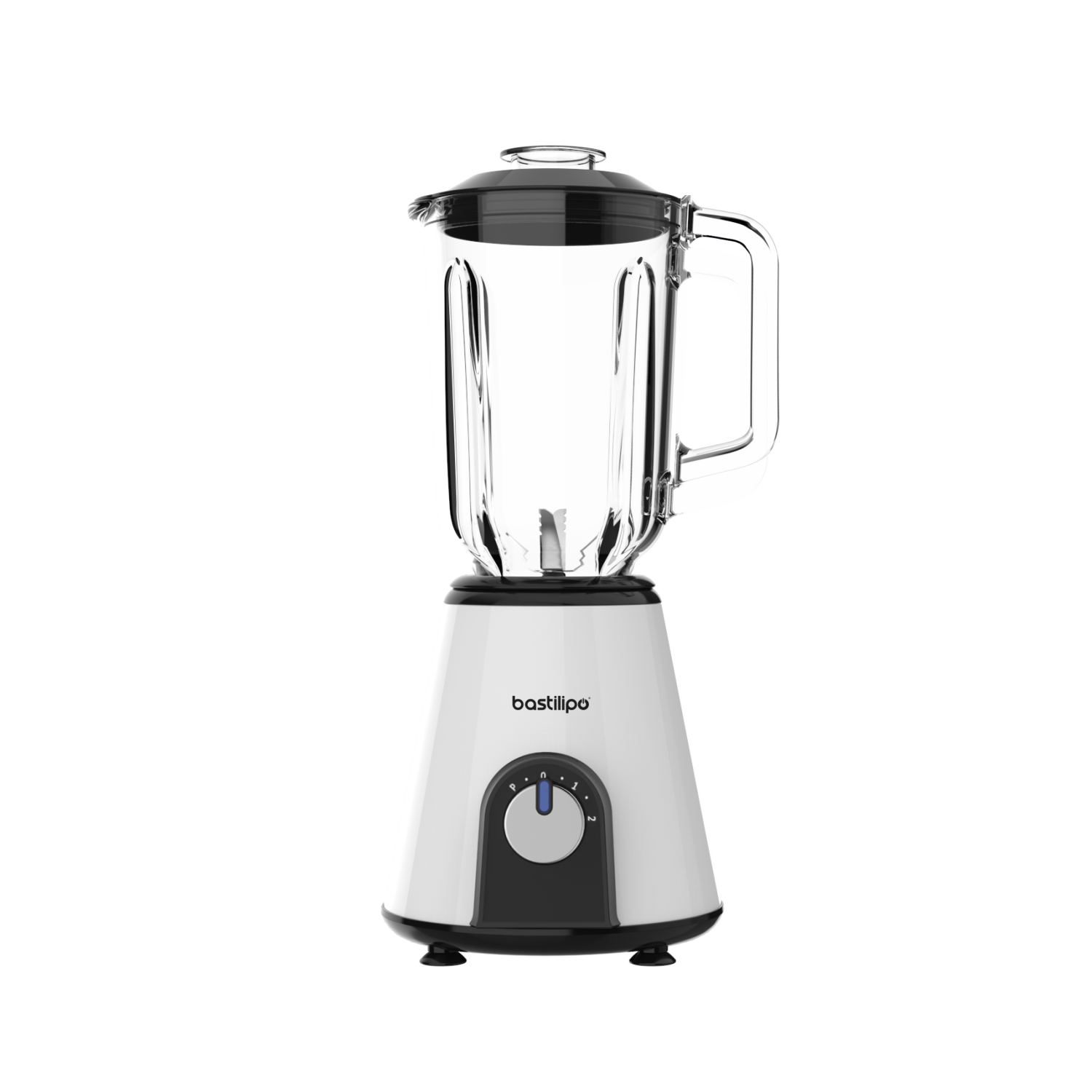 Weißer Mixer mit Glasbehälter und schwarzem Sockel, Steuerung sichtbar.