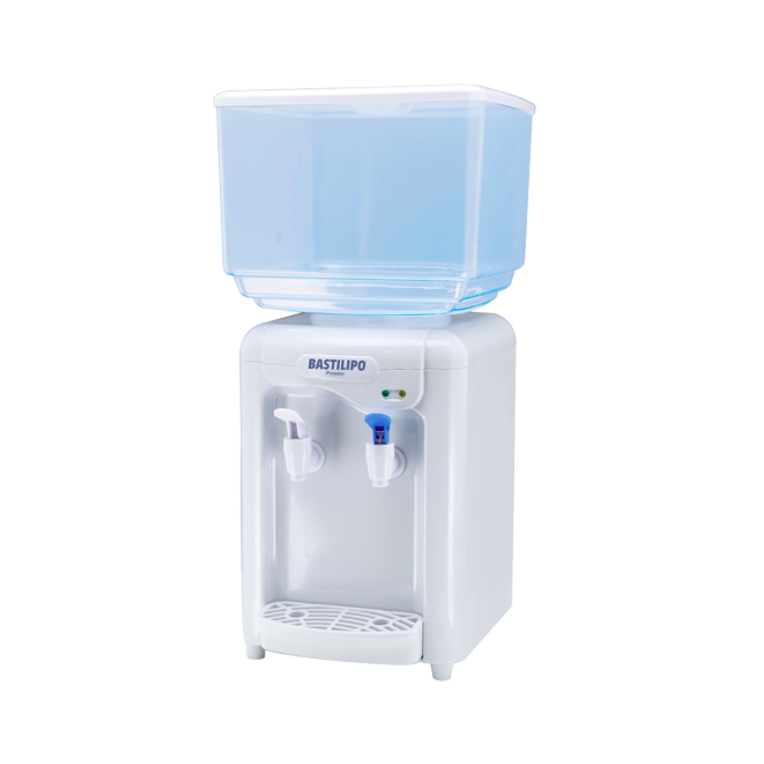 Refrigeratore d'acqua bianco con parte superiore blu e due beccucci. Il marchio è 'Bastilipo'.