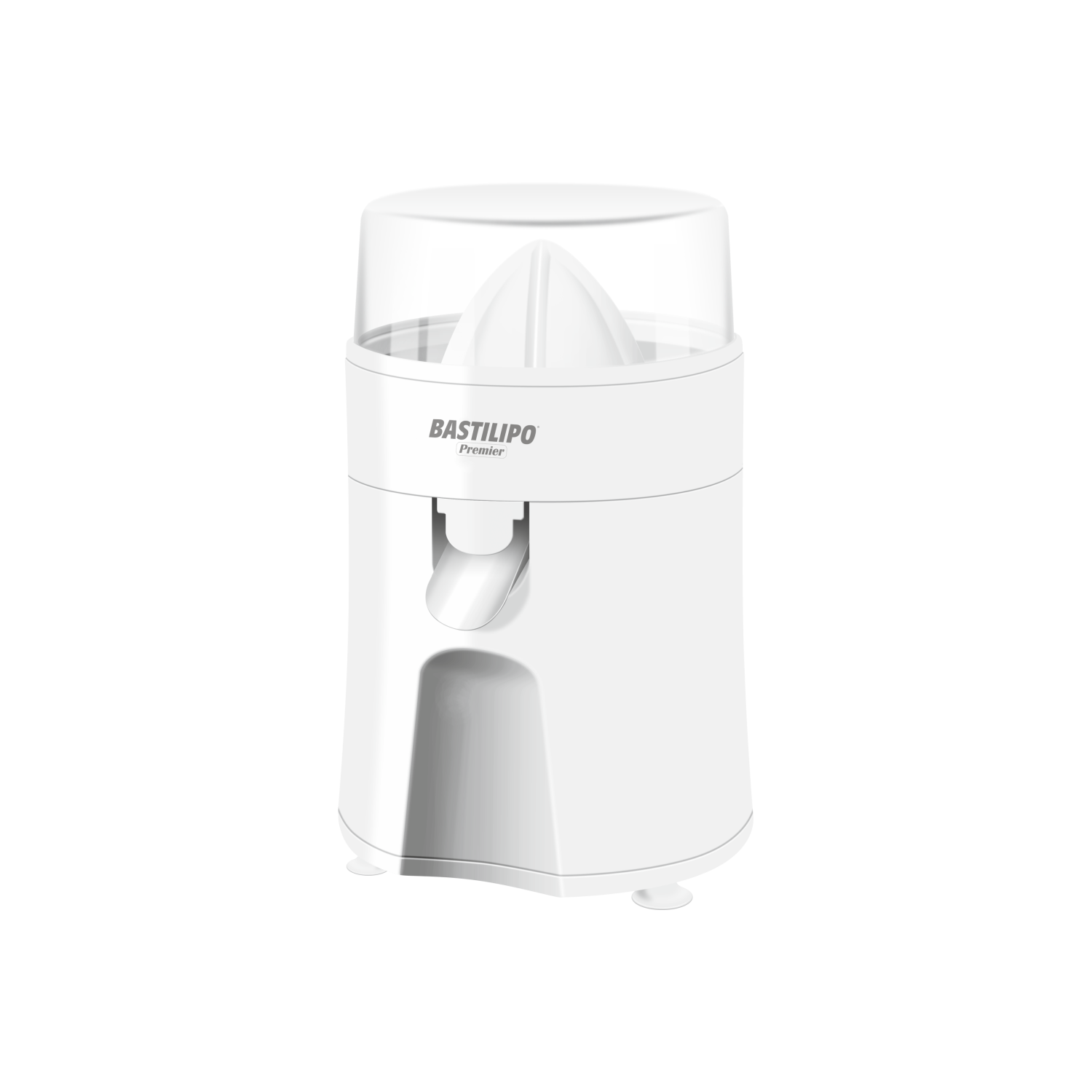 Exprimidor eléctrico blanco con tapa transparente, sobre fondo negro.