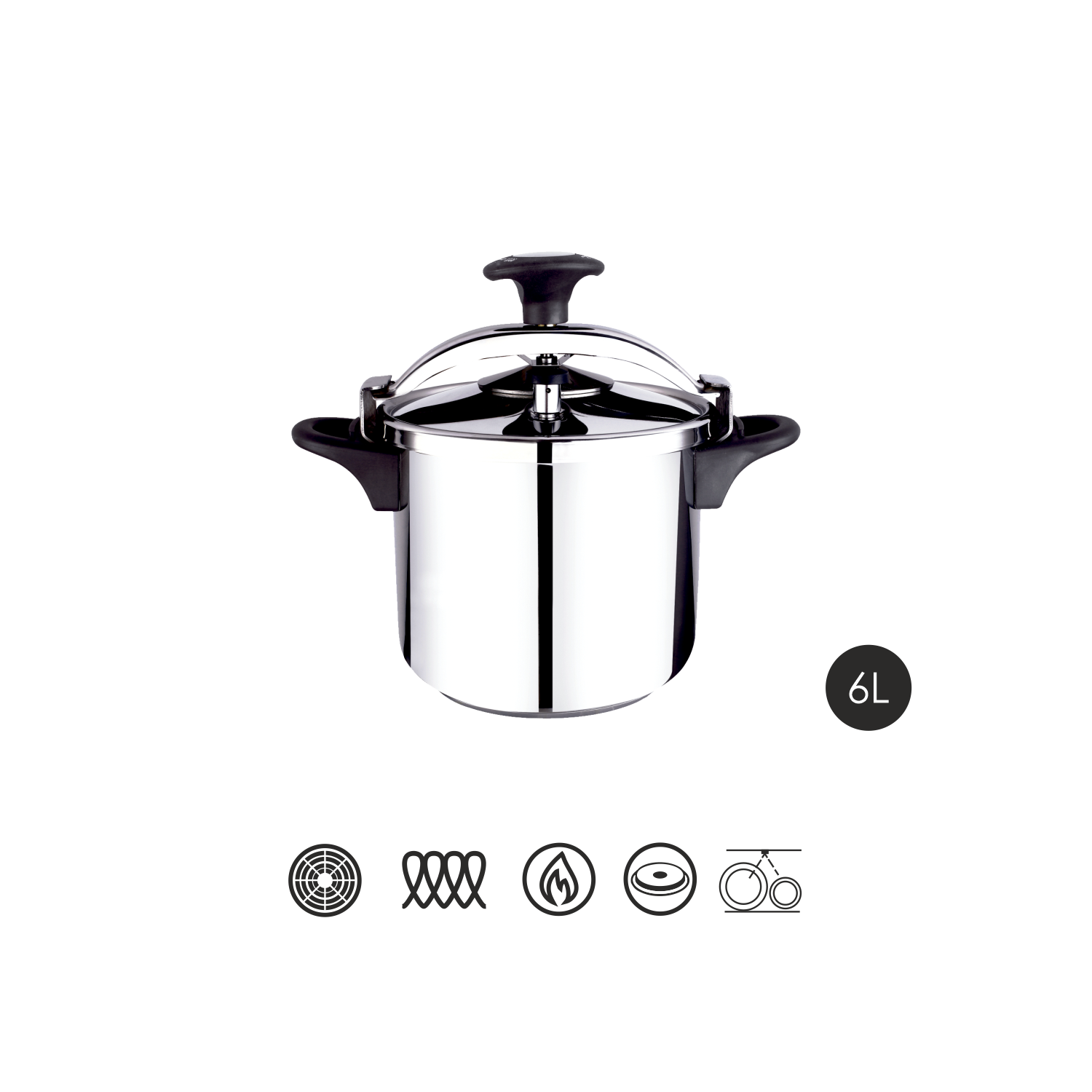 Una olla a presión de acero inoxidable con asas negras y tapa negra sobre una superficie oscura.