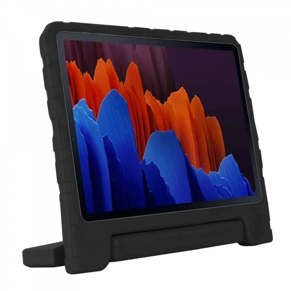 Schwarzes Tablet-Case mit buntem, abstraktem Hintergrund und Ständer.