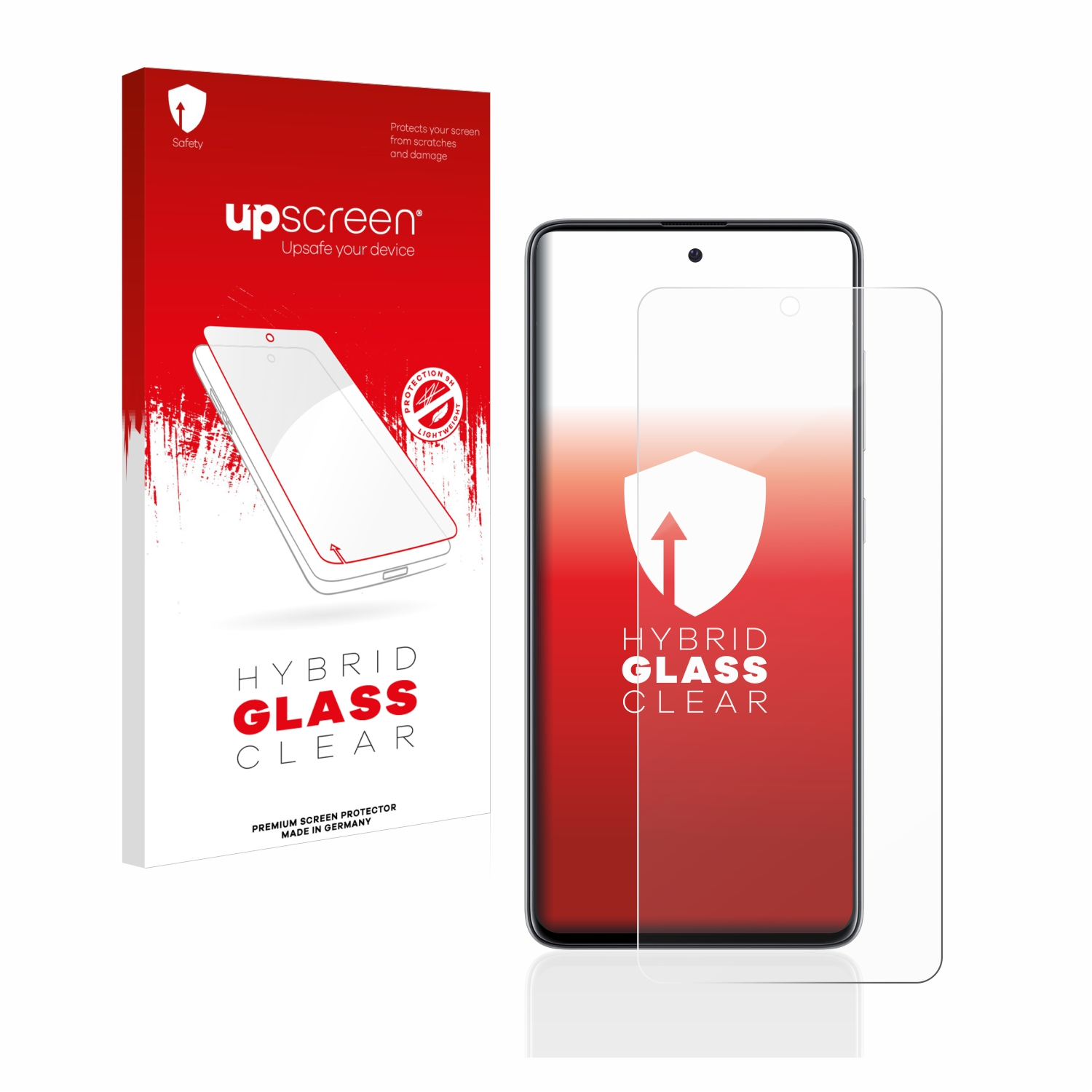 Displayschutzbox und ein Telefon. Der Displayschutz ist klar. Die Box hat ein weißes und rotes Design.