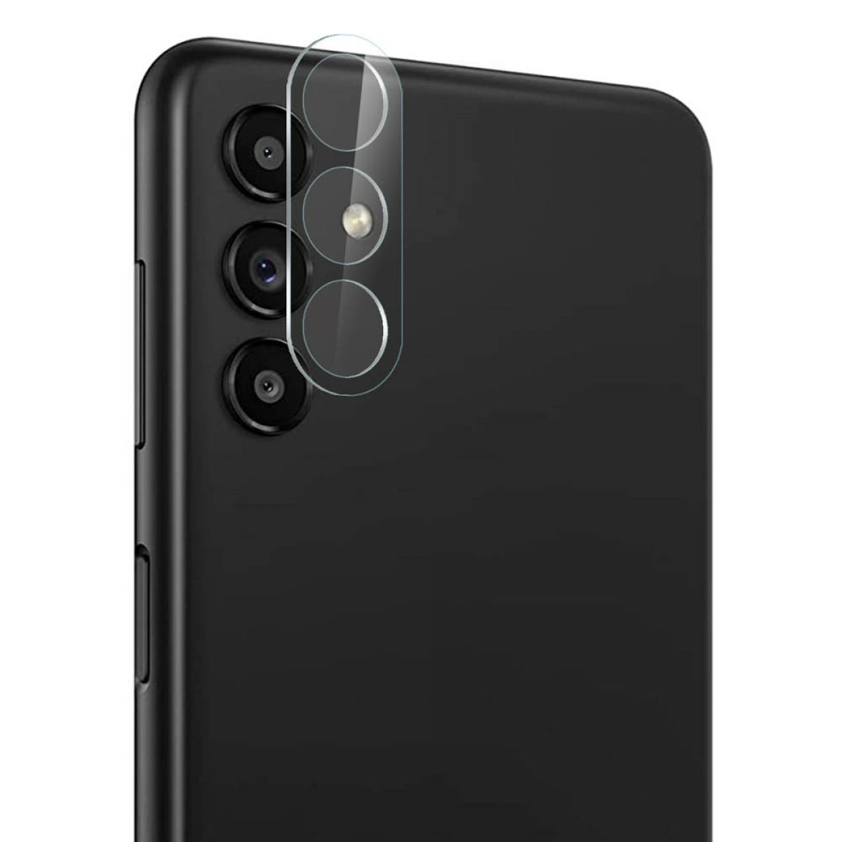 Schwarze Telefonrückseite mit Kameralinsen und Displayschutzfolie.