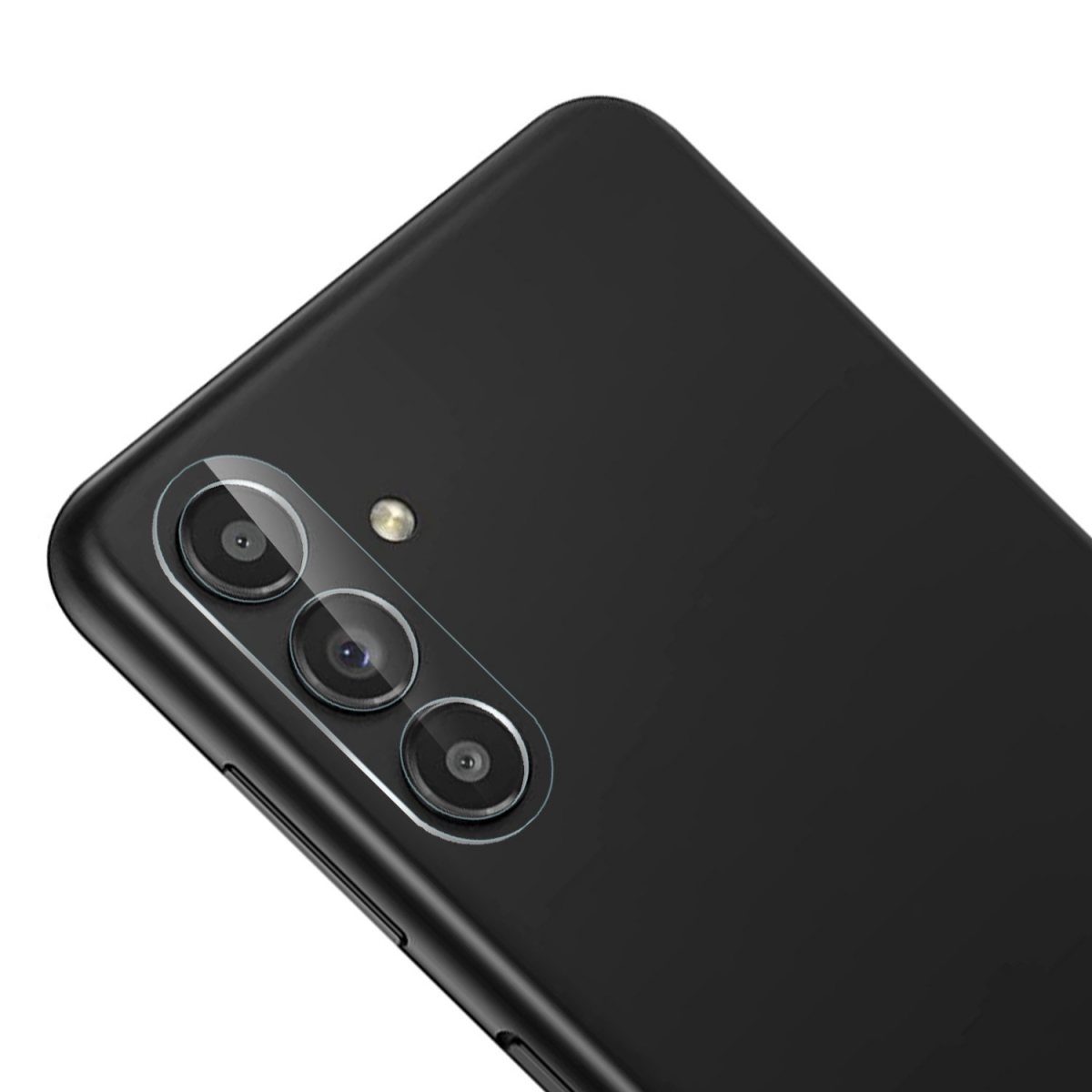 Ein schwarzes Telefon mit drei Kameralinsen und einem Blitz auf der Rückseite.