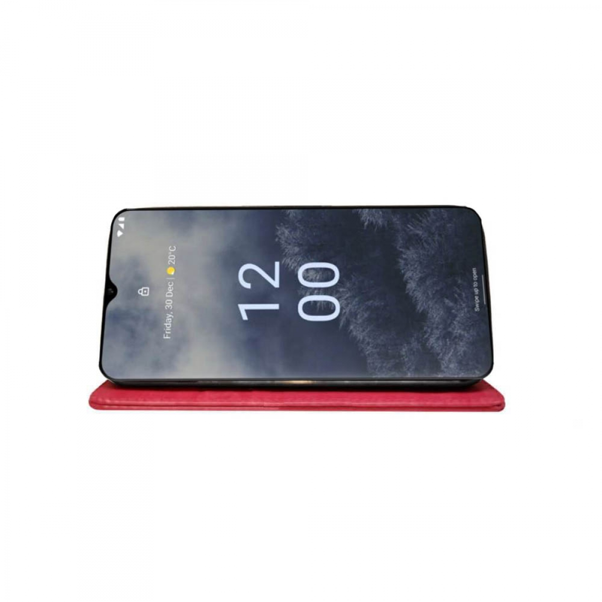 Schwarzes Smartphone auf roter Hülle. Zeigt Uhrzeit und Datum. Weißer Hintergrund.