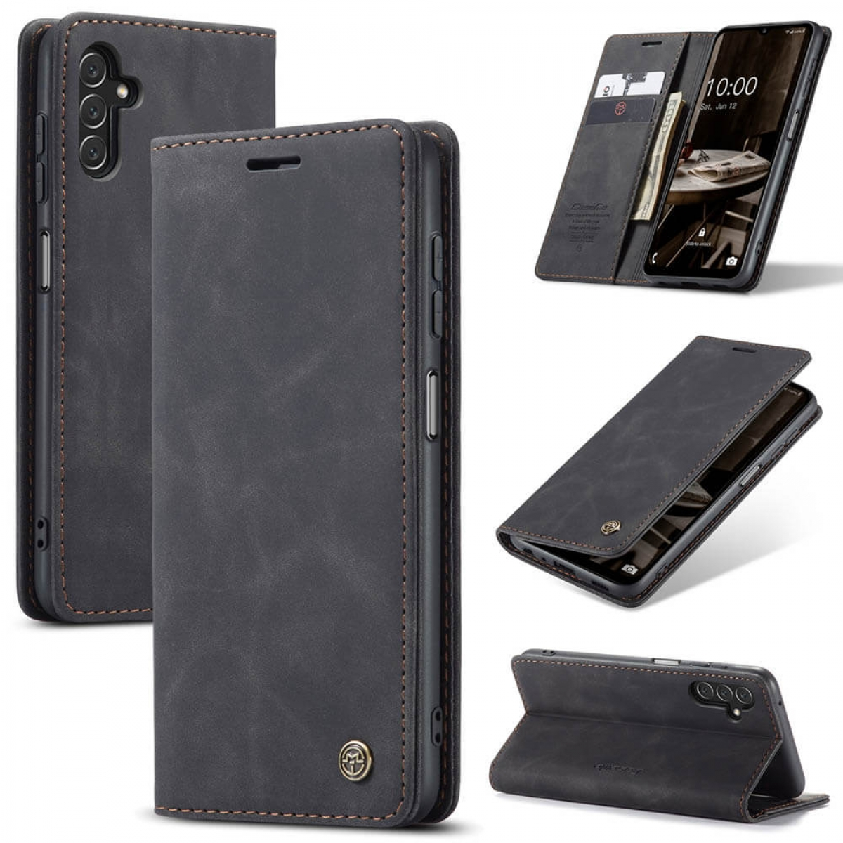 Telefon in einer Brieftaschen-Hülle. Hülle ist dunkelgrau, mit Frontklappe und Kartenfächern.