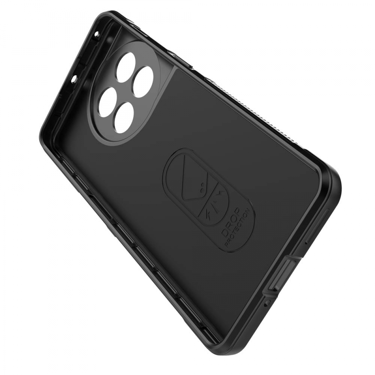 Schwarze Handyhülle innen mit Drop-Protection-Logo und Kameraausschnitt.