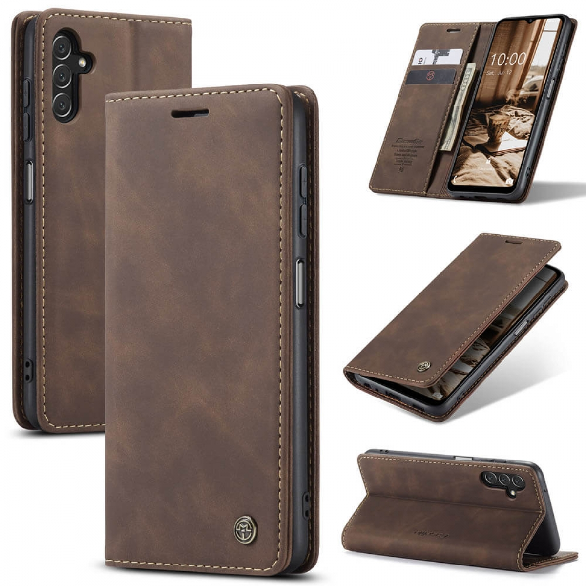 Braune Leder-Handyhülle mit Telefon, mehrere Winkel zeigen Kartenfächer.