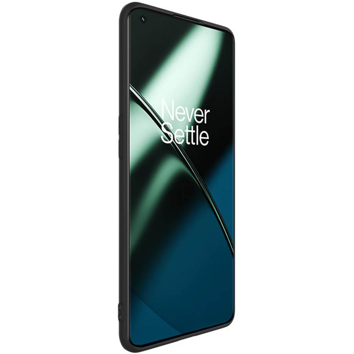 Schwarzes Telefon mit schwarzem Gehäuse, der Bildschirm zeigt einen grünen und blauen Hintergrund und den Text 'Never Settle'.