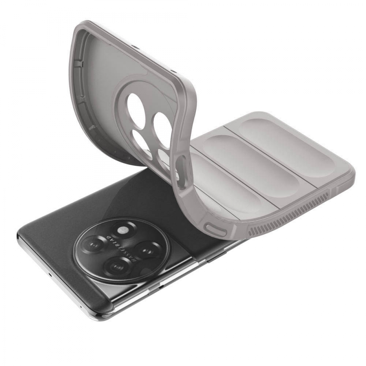 Telefon auf Oberfläche, silbernes Gehäuse darüber. Gehäuse hat eine offene Abdeckung.