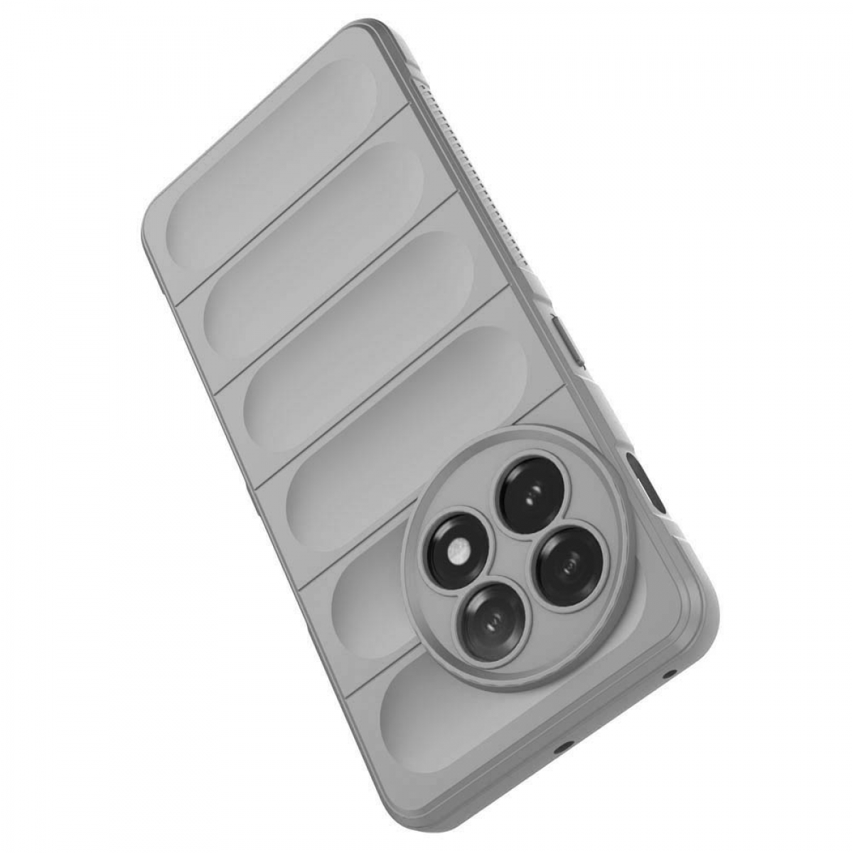 Graue Handyhülle mit Kameraaussparung und gerilltem Design für ein Smartphone.