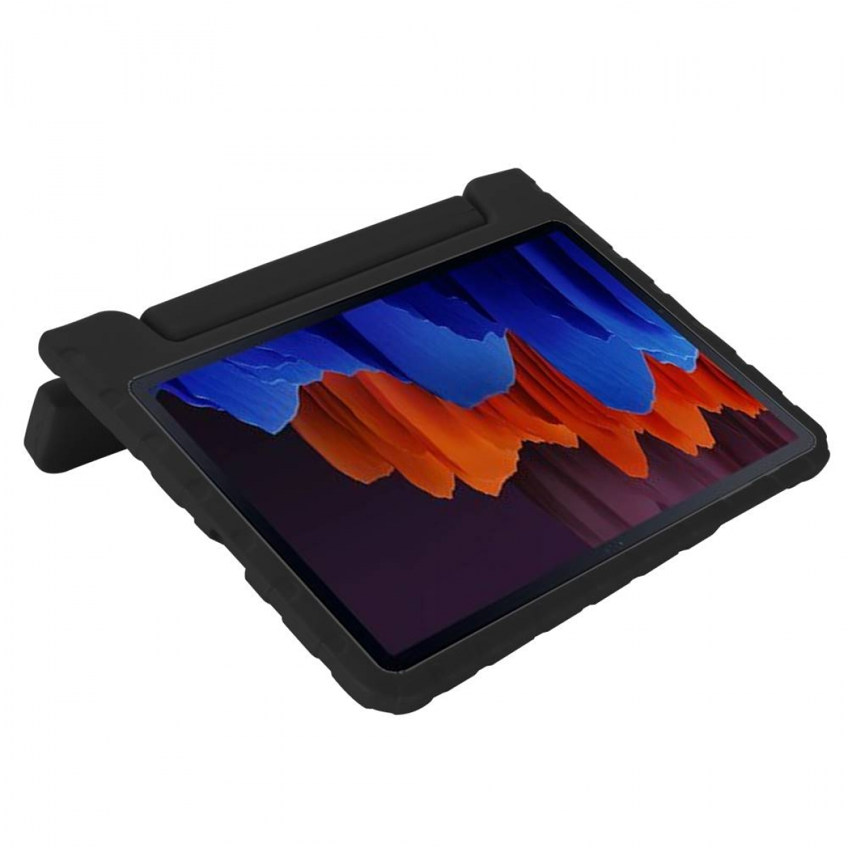 Ein schwarzes Tablet in einer schwarzen Hülle ist nach oben geneigt und zeigt ein farbenfrohes, abstraktes Bild.