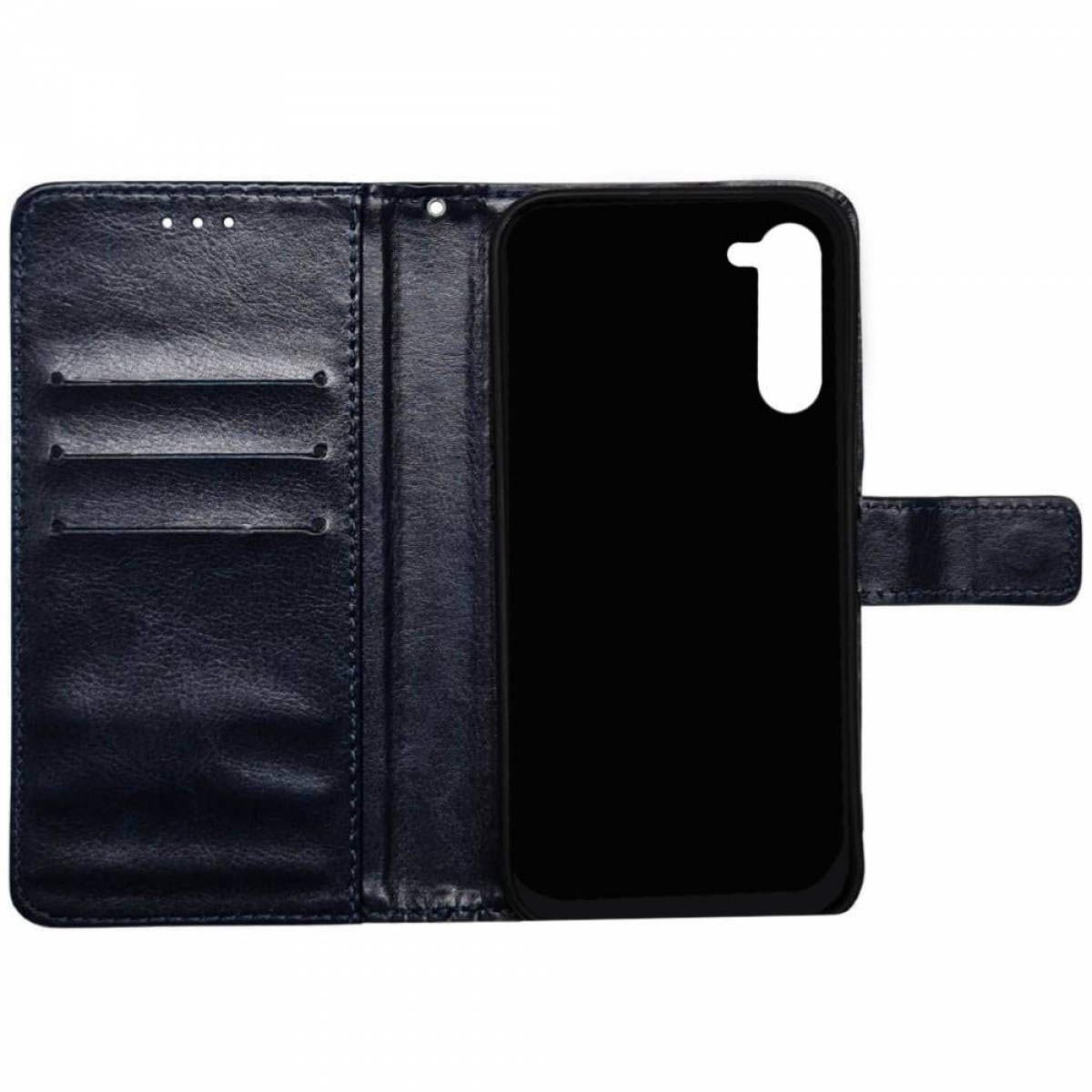 Eine blaue Leder-Handyhülle, geöffnet, um einen schwarzen Telefonhalter zu zeigen.