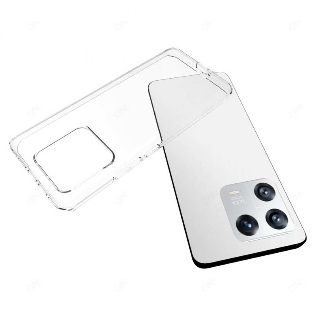 Eine Handyhülle mit einem Telefon, mit einer transparenten Hülle davor.
