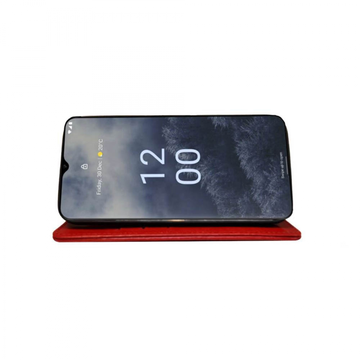 Smartphone auf roter Oberfläche. Angezeigte Uhrzeit ist 12:00. Bewölkter Hintergrund.