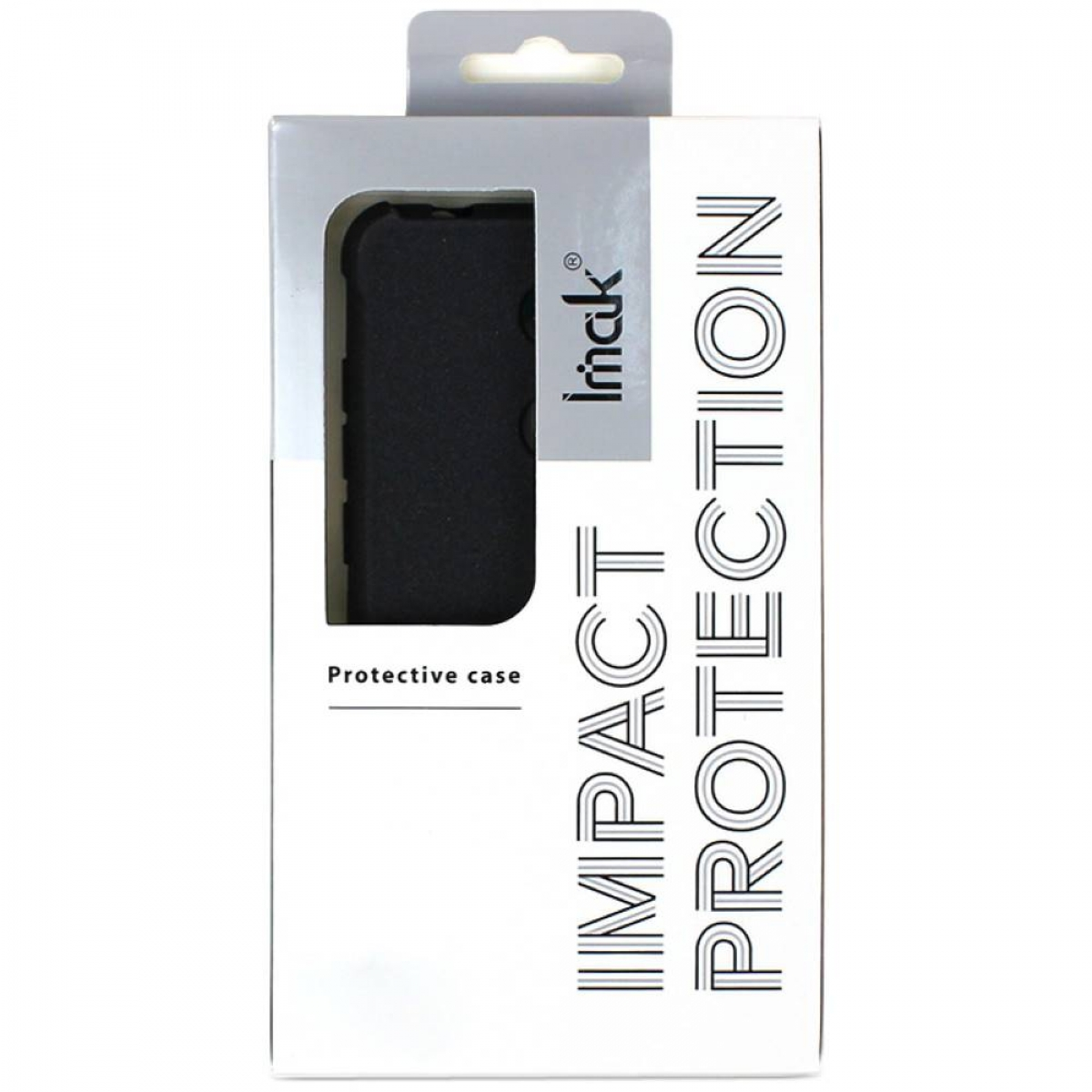 Schutzhüllenbox. Schwarze Hülle sichtbar. Text: 'Impact Protection'.
