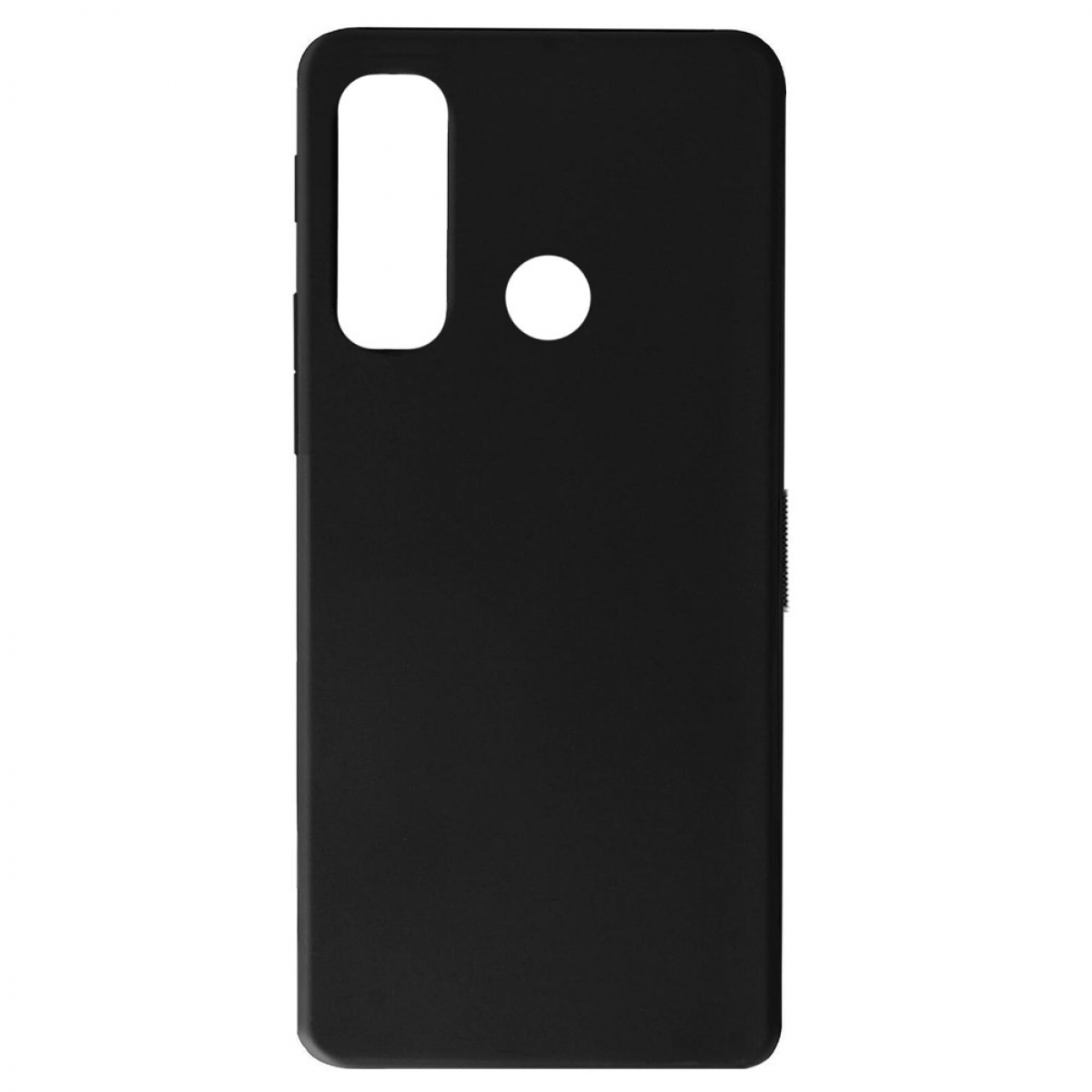 Eine schwarze Handyhülle mit Kameraausschnitt und Seitentasten wird gezeigt.