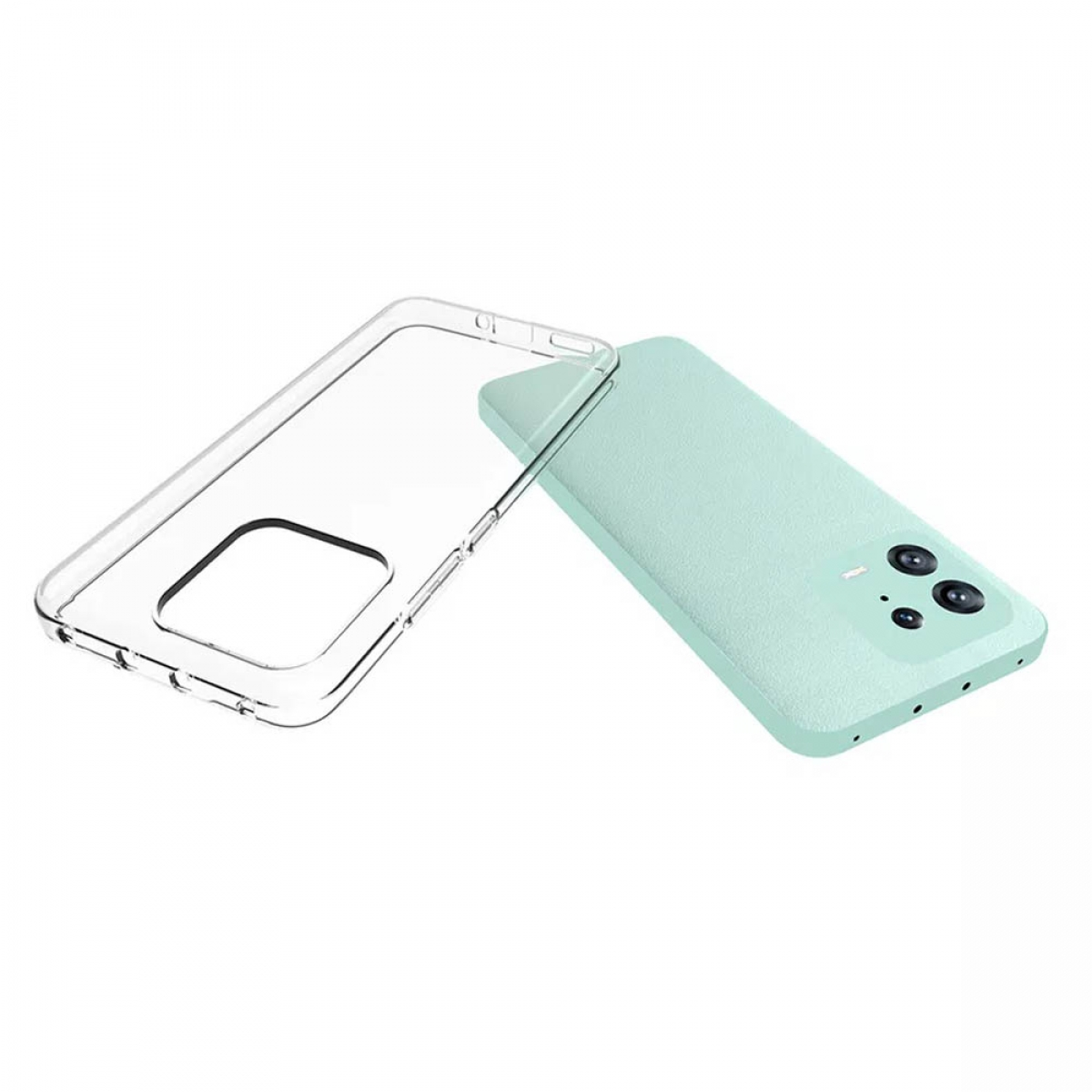 Transparente Handyhülle neben einem hellgrünen Telefon. Beide liegen auf weißem Untergrund.