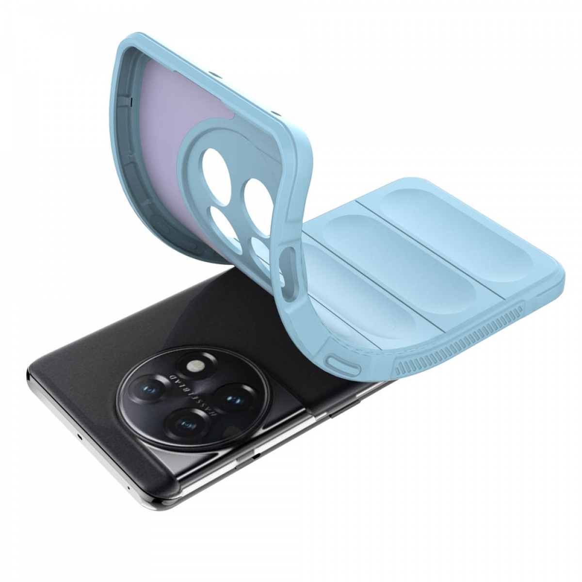 Ein Telefon in einer blauen Hülle, teilweise entfernt, zeigt die Kamera und den Bildschirm.