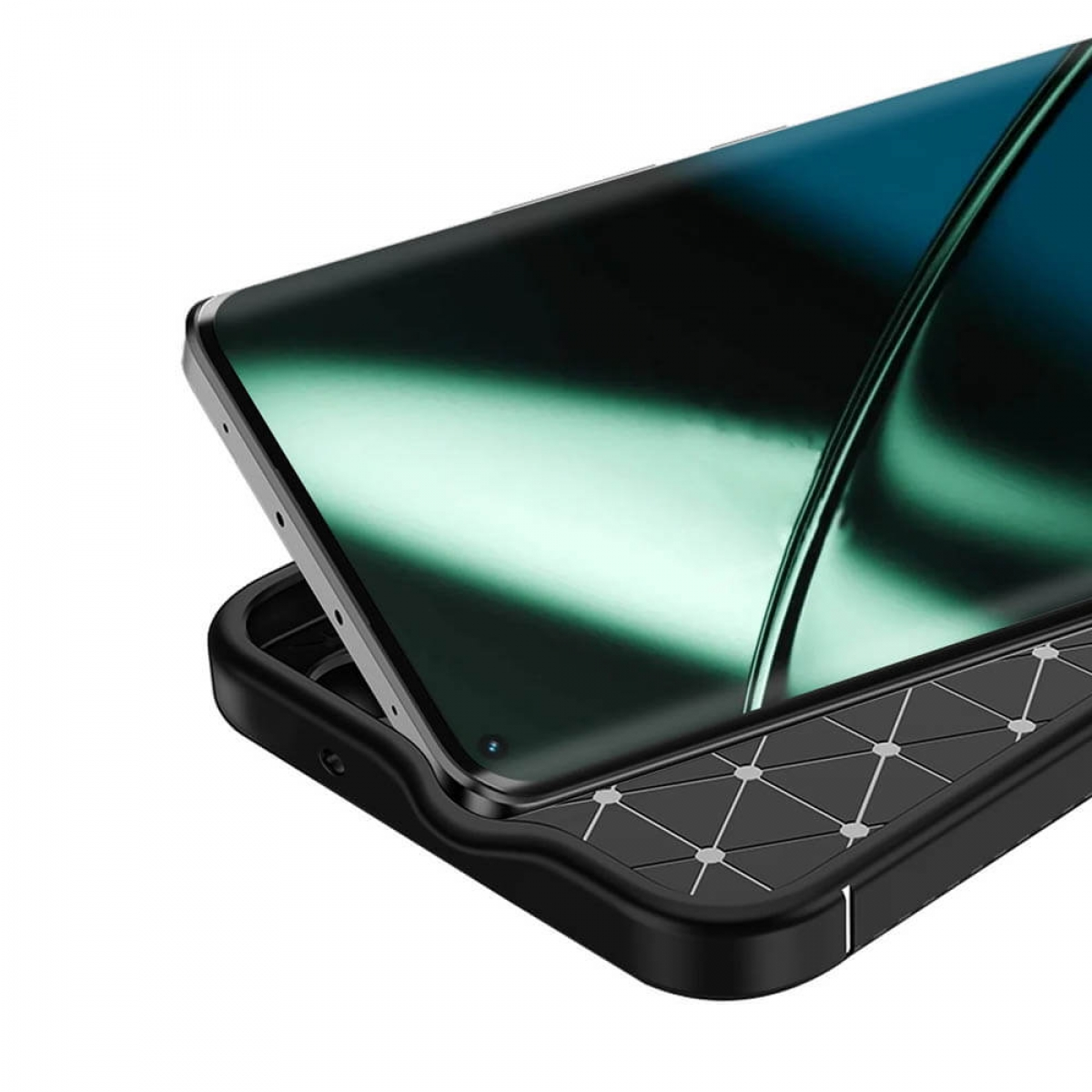 Schwarze Handyhülle mit einem Telefon darin. Der Bildschirm des Telefons ist sichtbar.