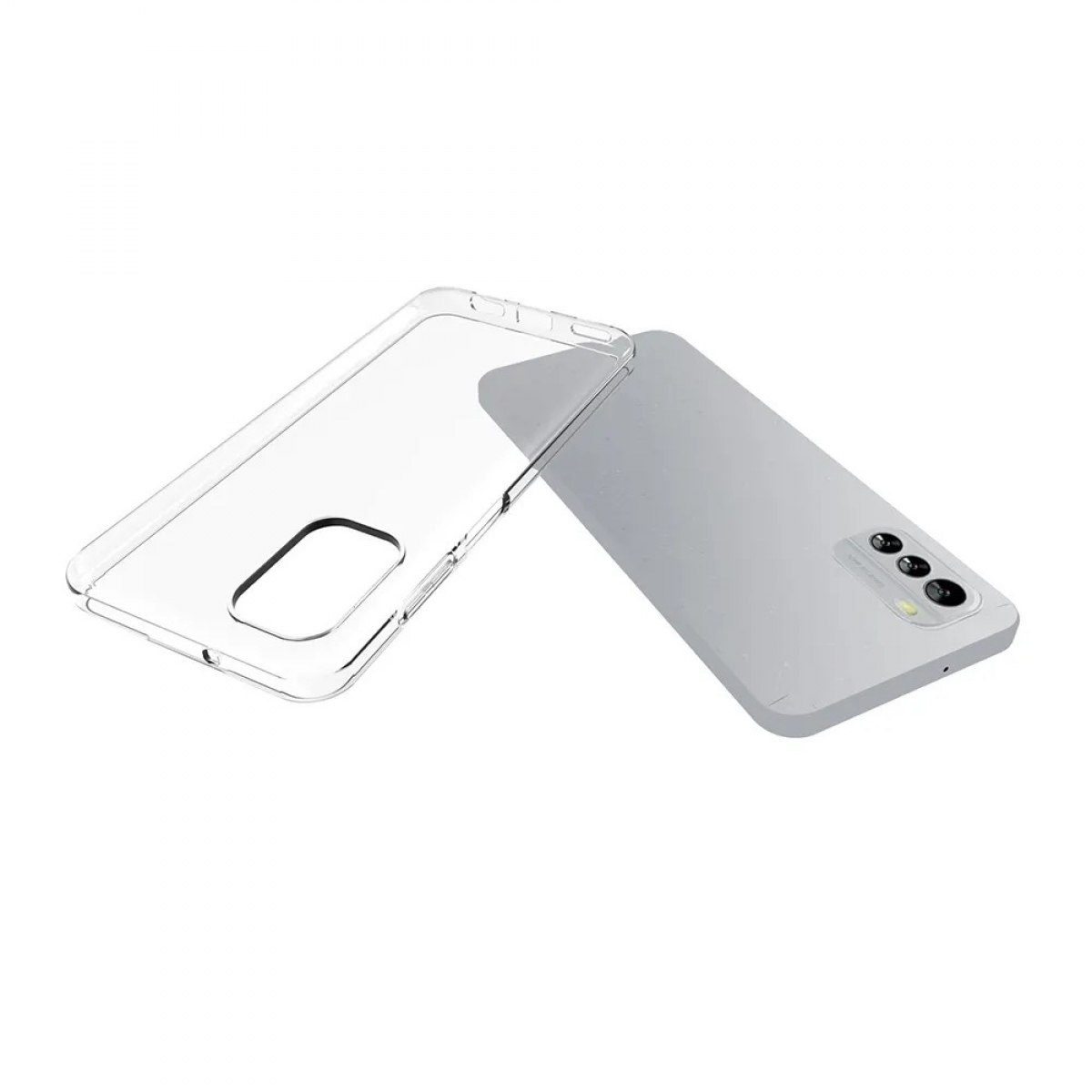 Eine transparente Handyhülle liegt auf einem grauen Handy.