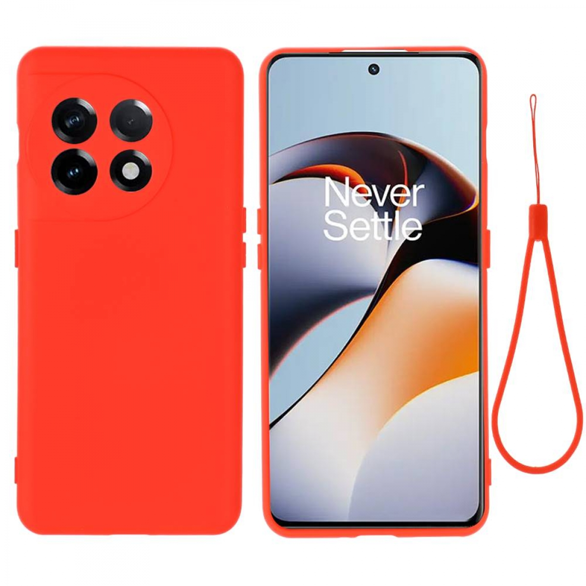 Rote Handyhülle mit Telefon, und ein rotes Umhängeband.
