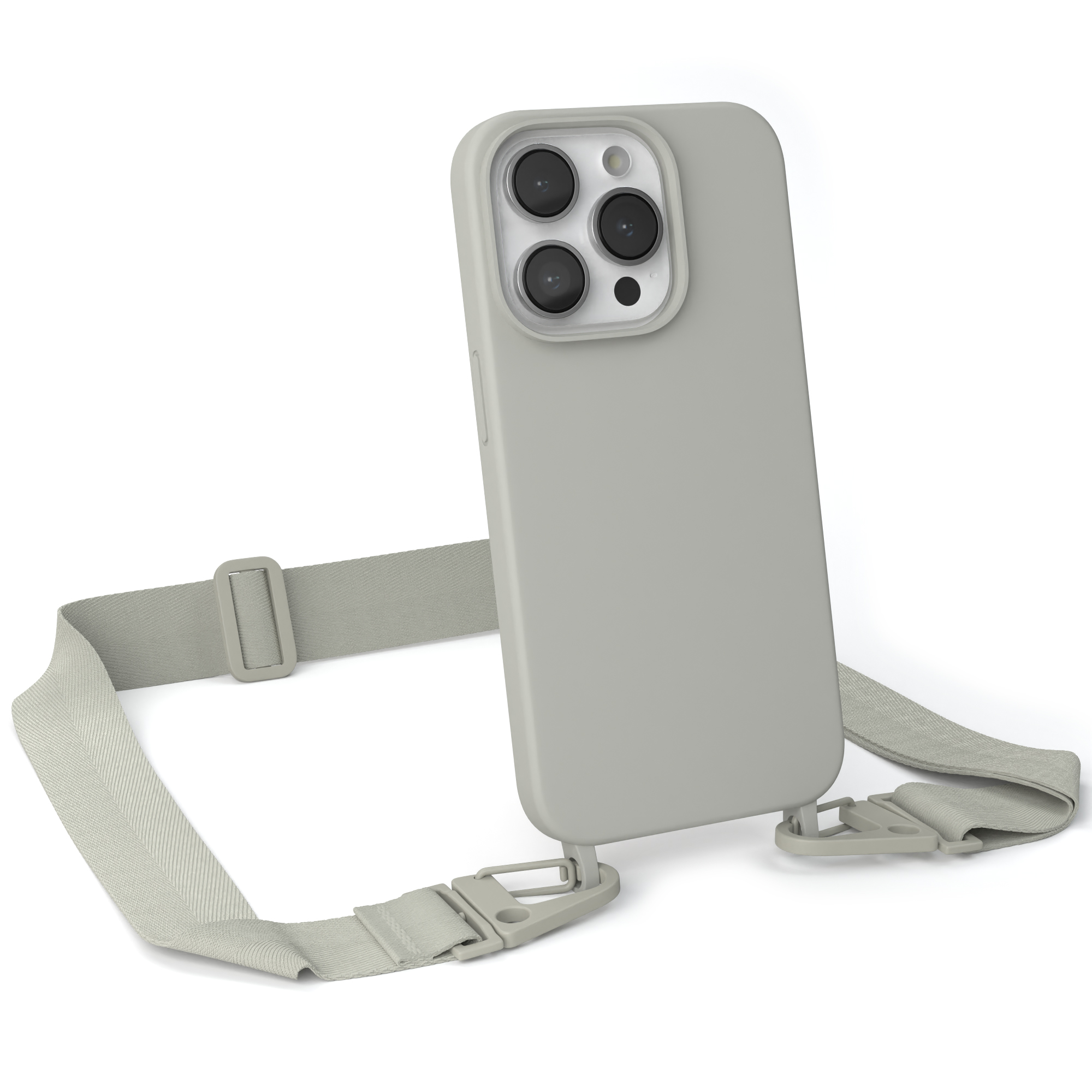 EAZY CASE Handy Grau mit / Hülle, Breit Beige Silikon iPhone Apple, Karabiner Pro, Taupe 14 Umhängetasche, Kette Premium