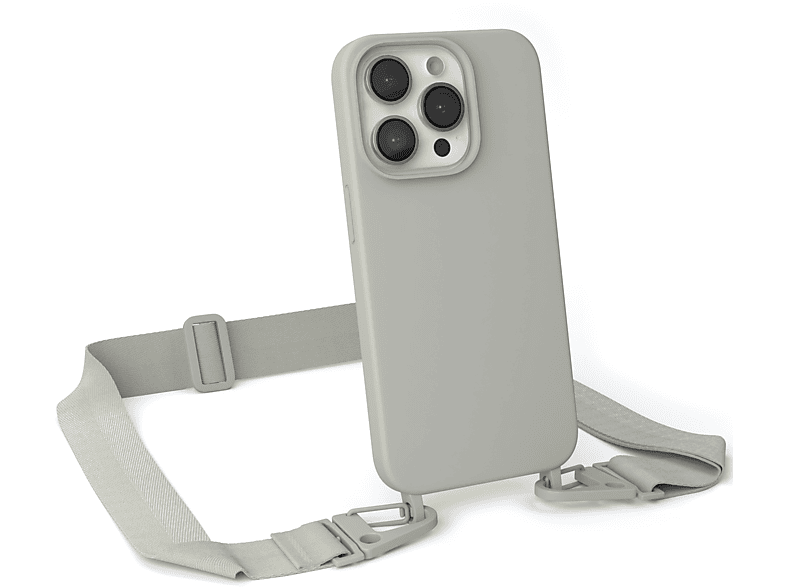 EAZY CASE Handy Kette Premium Grau Hülle, Silikon Umhängetasche, Pro, 14 Karabiner mit Beige iPhone Apple, Taupe / Breit