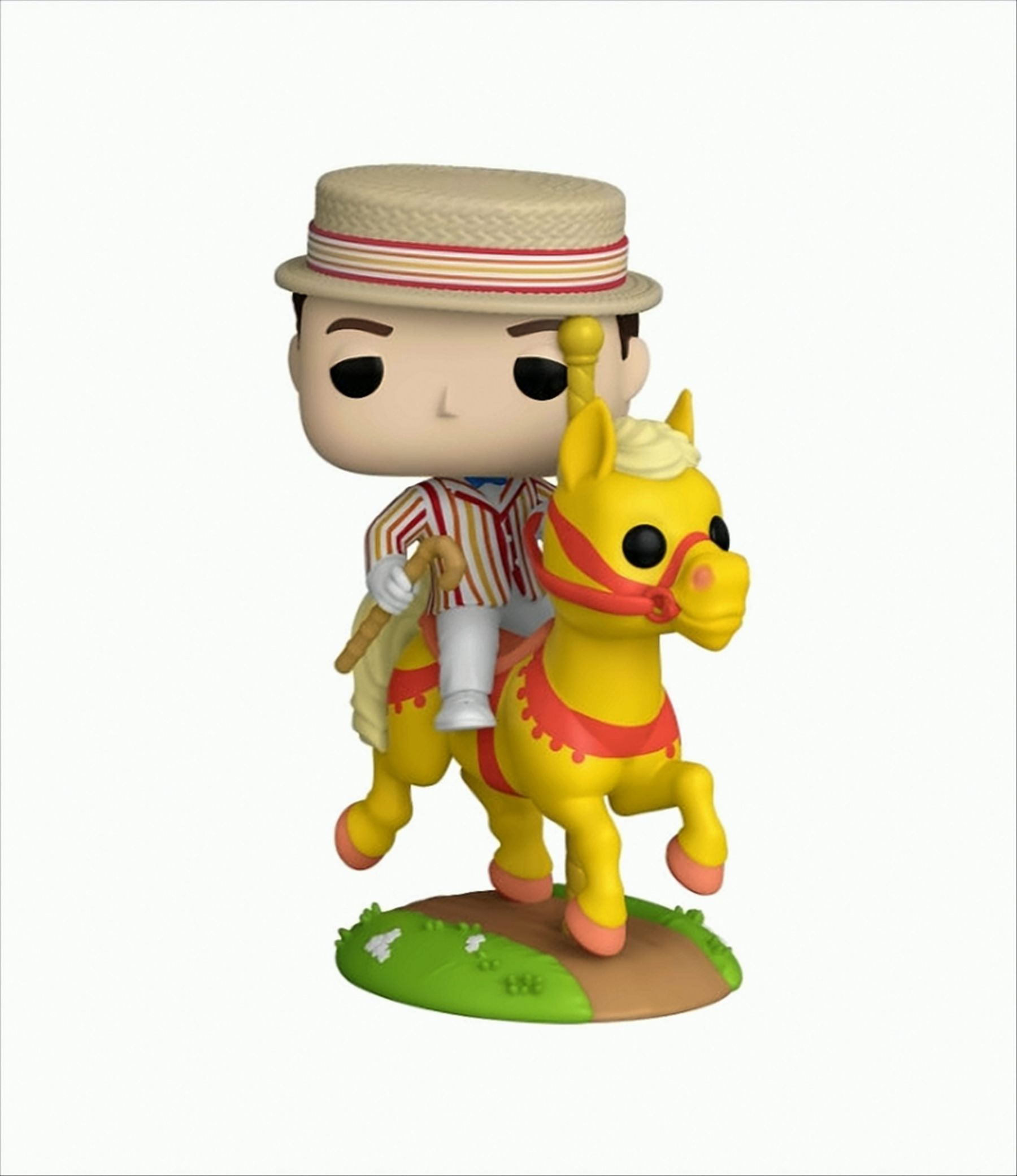 Figurka Funko Pop mężczyzny w paski jadącego na żółtym koniu.
