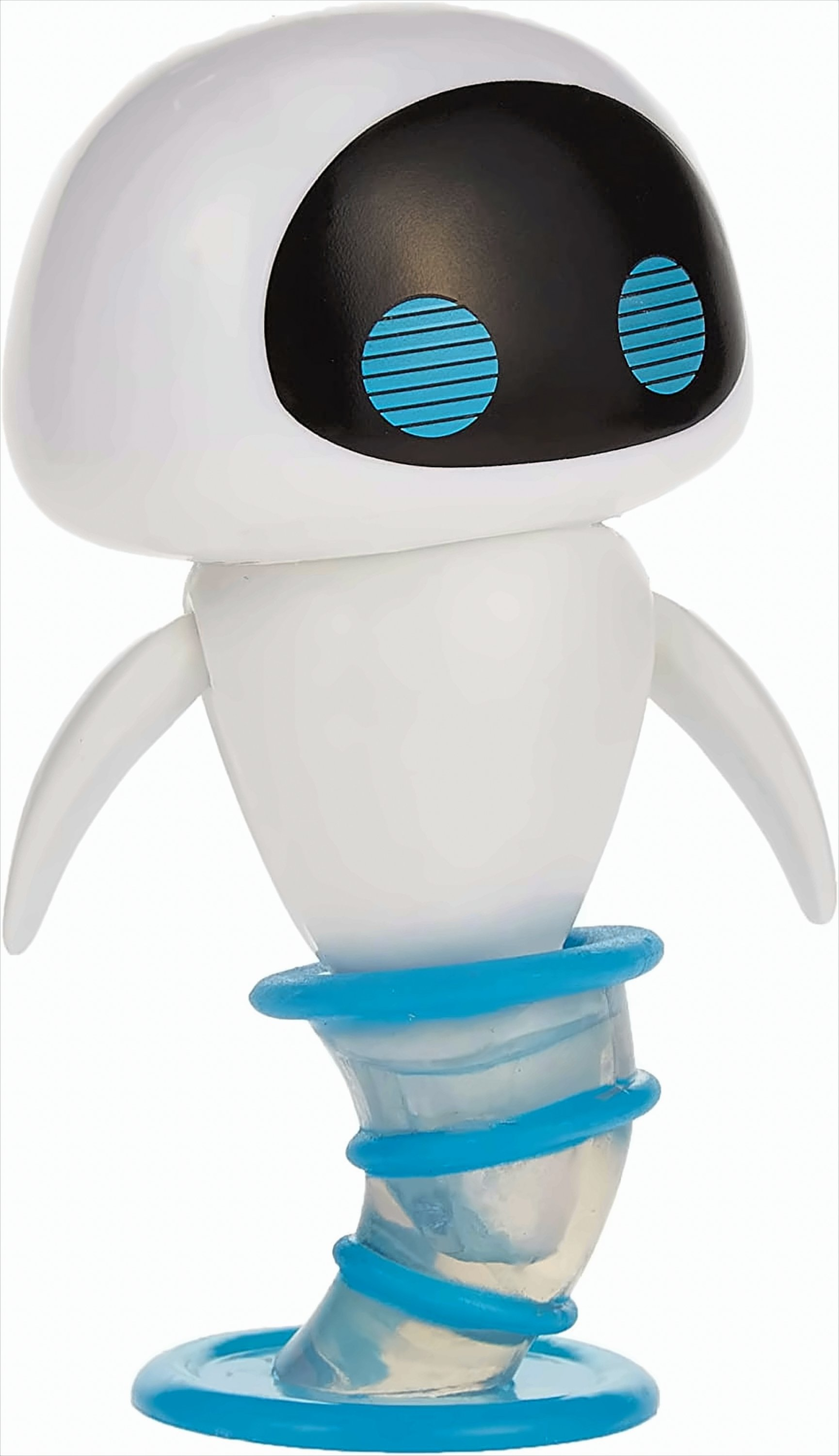 Weißes Roboter-Spielzeug mit schwarzem Gesicht, blauen Augen und blauem Unterkörper.