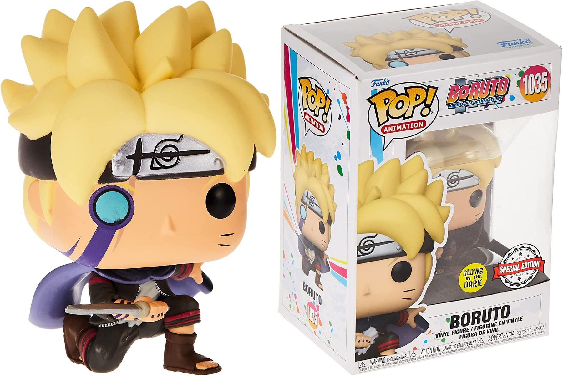 Eine Boruto Funko Pop Figur und ihre Box. Die Figur ist blond und trägt ein schwarzes Outfit. Die Box ist bunt.