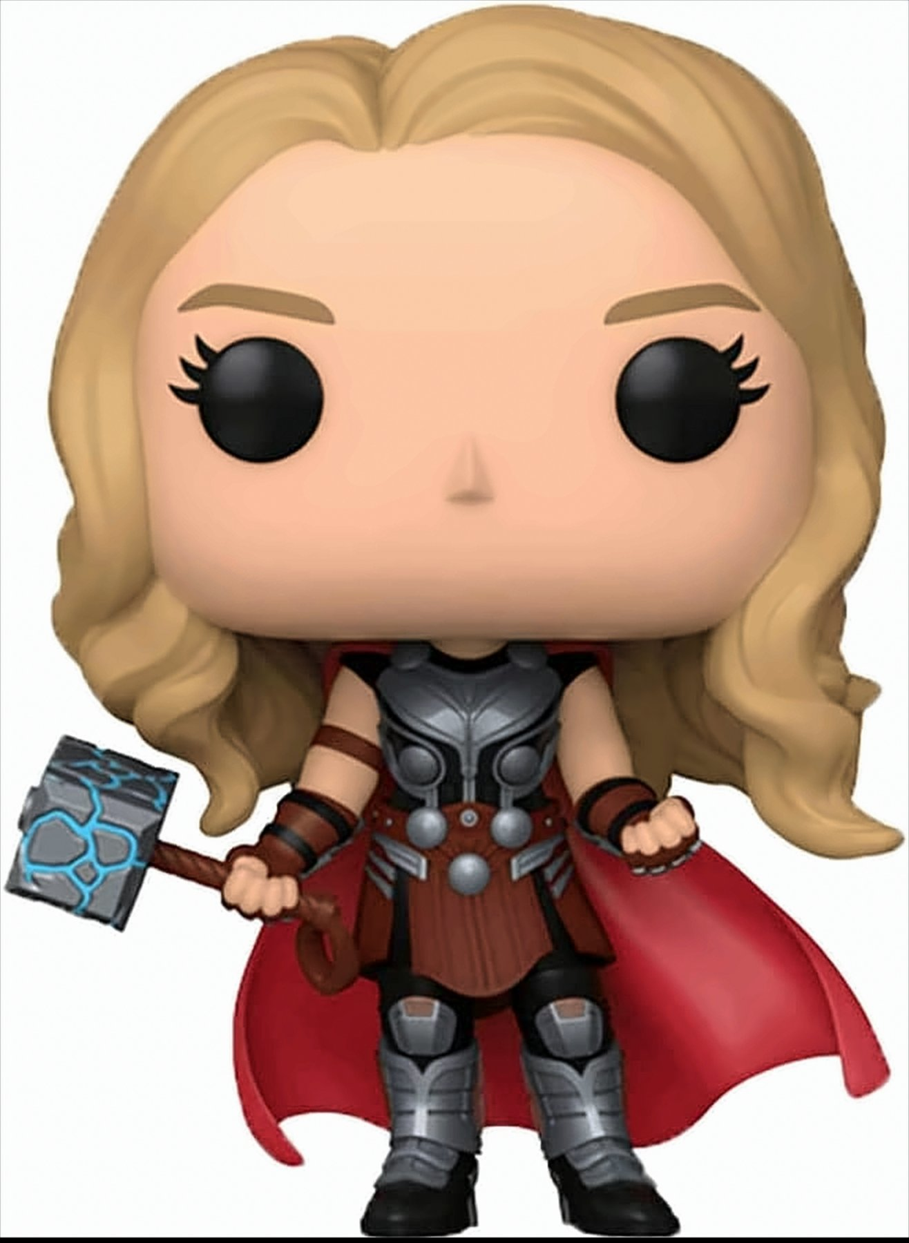 Weibliche Thor-Actionfigur mit Hammer, rotem Umhang, heller Haut, blonden Haaren.