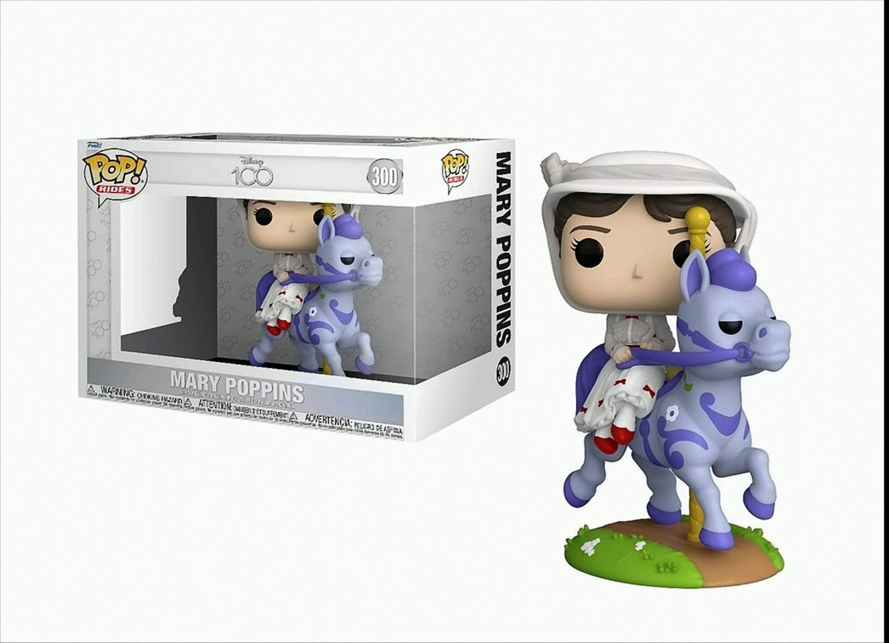 Figurka Mary Poppins Funko Pop na koniu z karuzeli, z pudełkiem w tle.