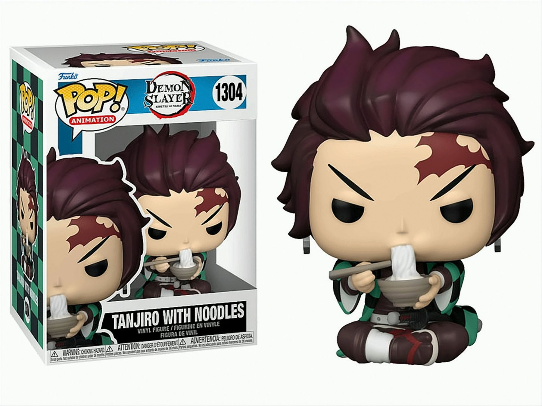 Funko Pop Figur eines Zeichentrickcharakters, der Nudeln isst. Die Box befindet sich neben der Figur.