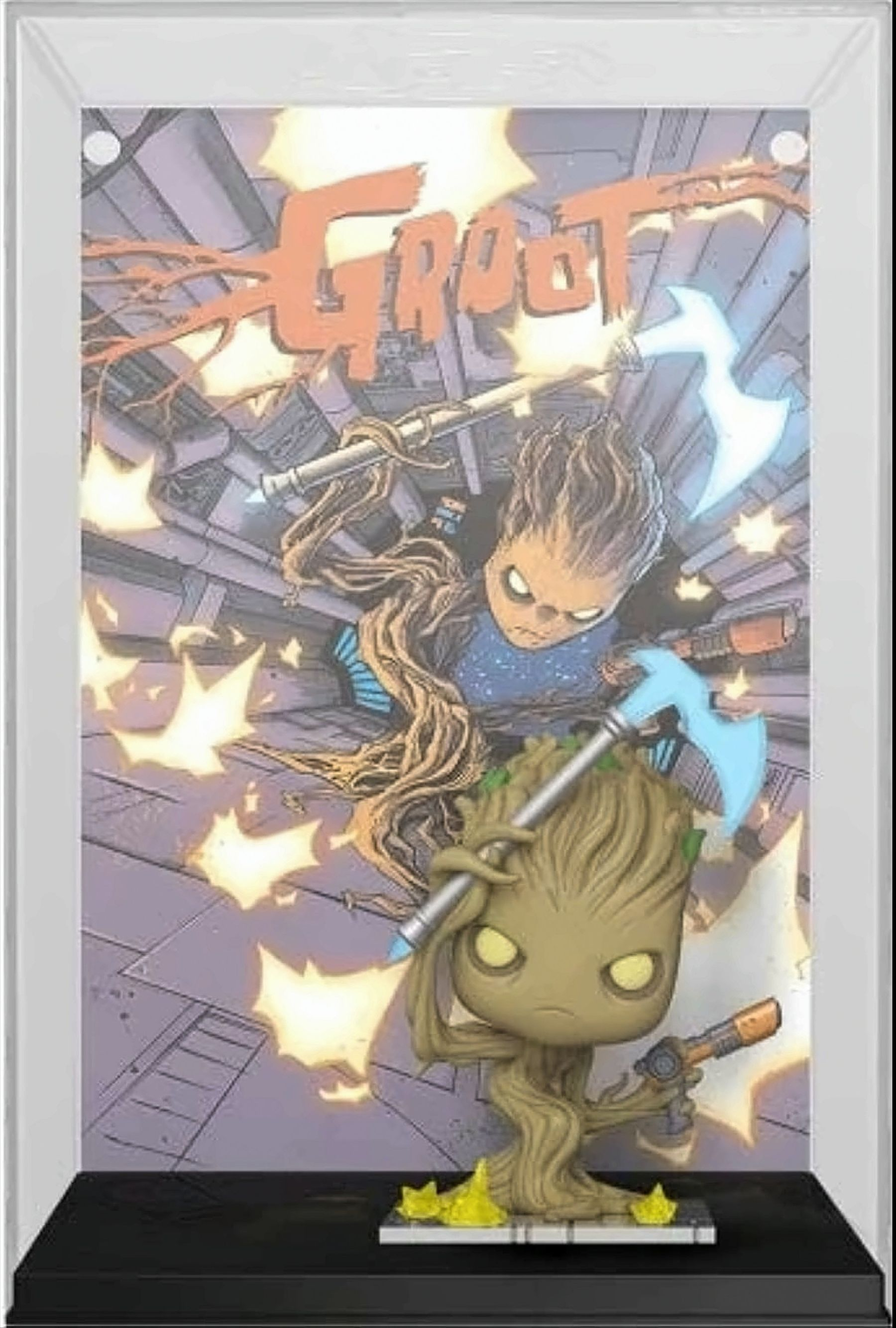 Groot Comic-Buch-Display mit Groot-Figur. Das Comic-Buch befindet sich in einer Schutzhülle.