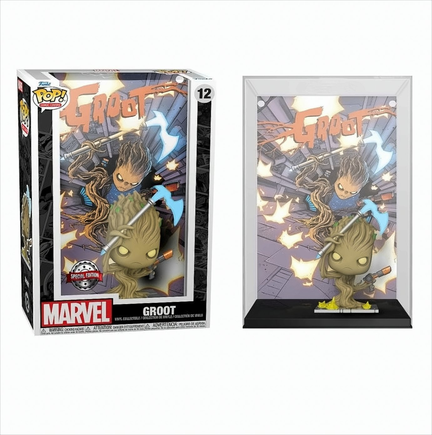 Groot-Figur und -Box. Die Groot-Figur befindet sich in einer Vitrine.