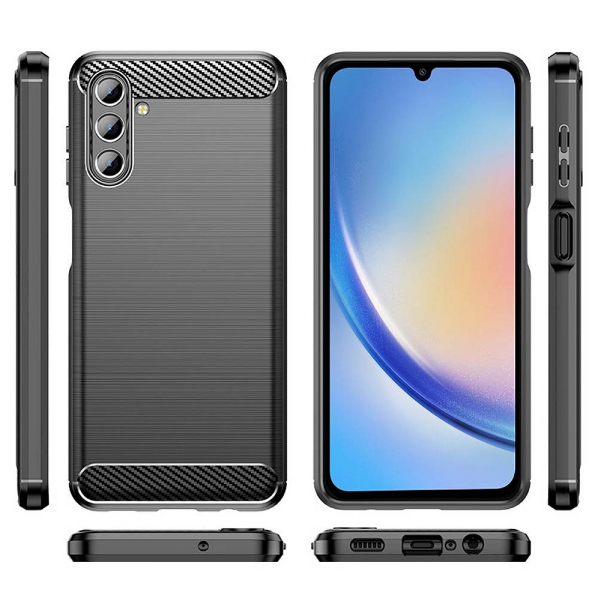 Eine schwarze Handyhülle mit einem Telefon darin. Das Telefon ist schwarz.